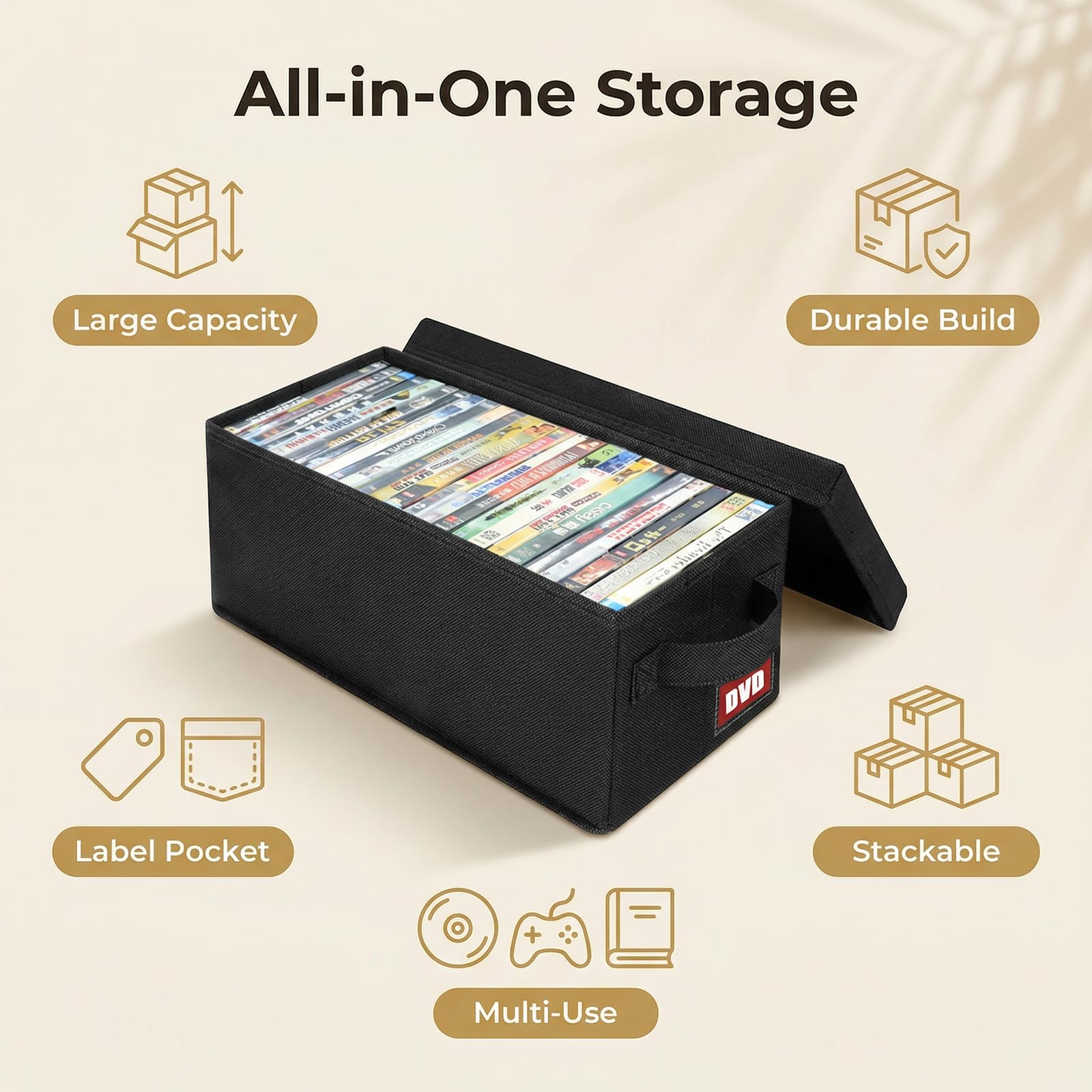 Lot de 4 boîtes de rangement pour DVD avec couvercle, empilables en tissu pouvant contenir jusqu'à 104 DVD (26 chacun), également idéales pour ranger des Blu-ray, des boîtiers de jeux vidéo