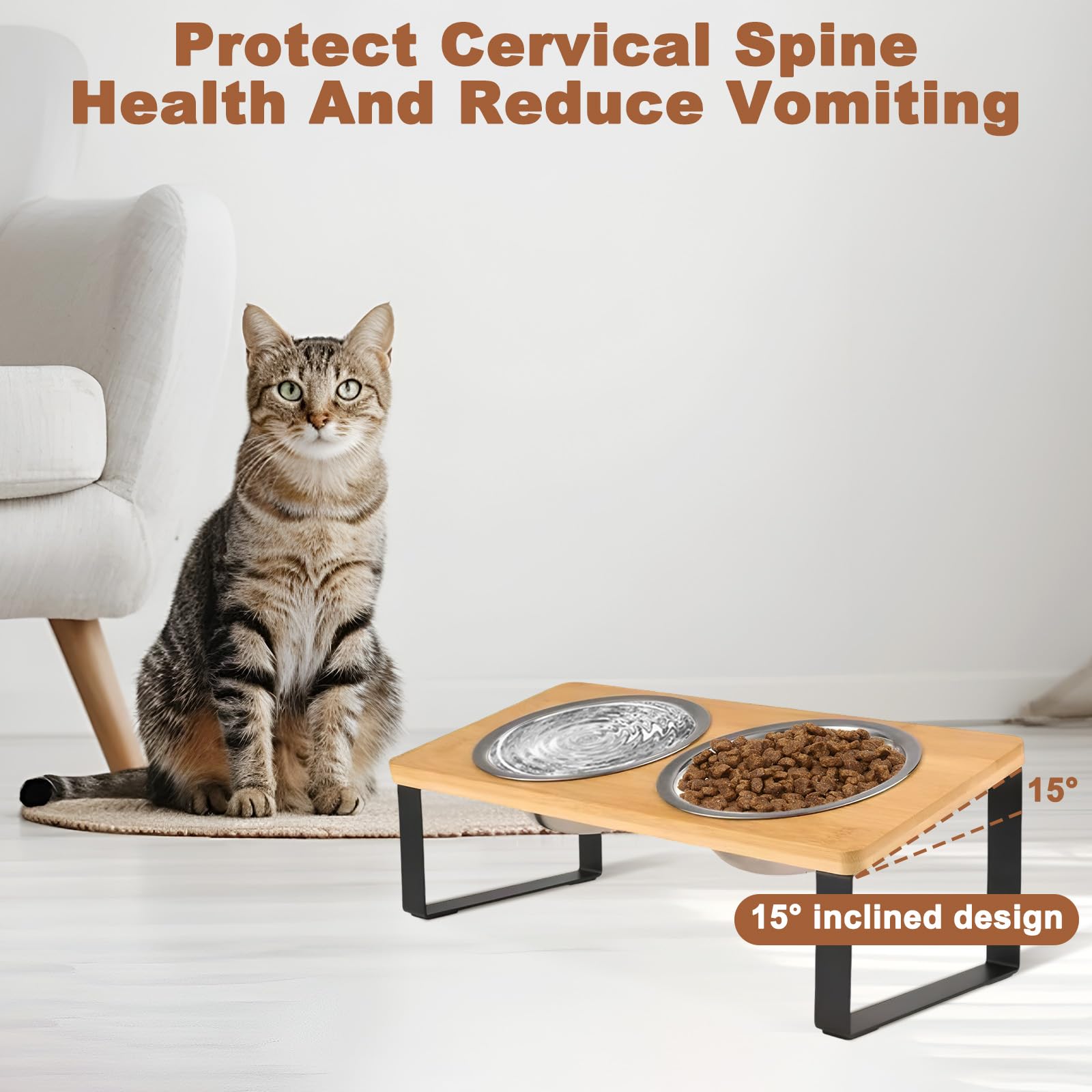Comedero Gato Elevado con Soporte Bambú & Antideslizante Alfombrilla, Cuencos Perro 250ml Acero Inoxidable Dos, Soporte Madera Inclinado 15º, Comederos para Gatos y Perros Pequeños