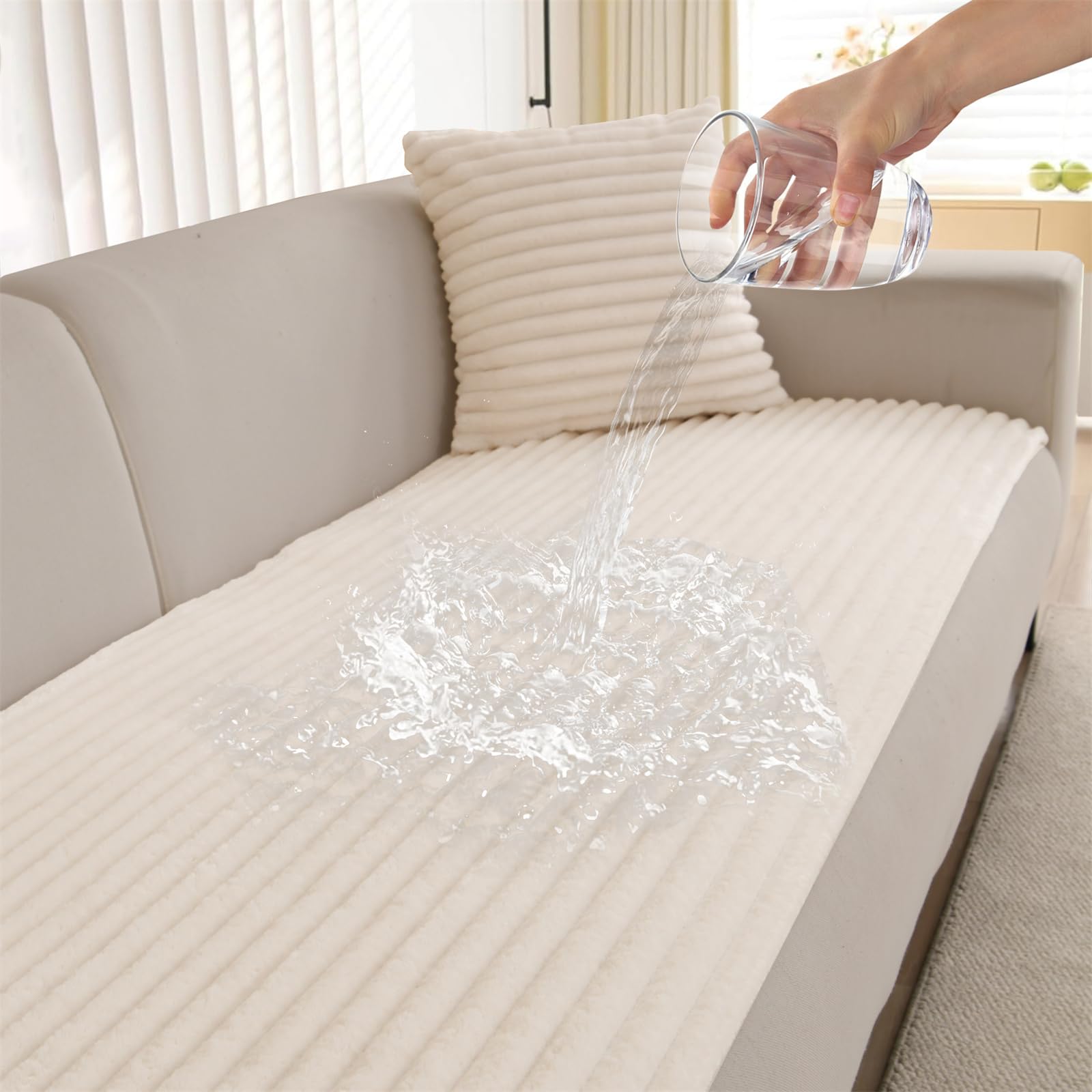 LINGKY Waterproof Sofa Covers 2 3 4 Seater Non Slip Sofa Slipcovers Super Soft & Thick Faux Fur Sofa Cushion Covers Pet Couch Covers Sofa Protectors from Pets/Kids/Dogs (Beige White, 70x70cm) — image 1