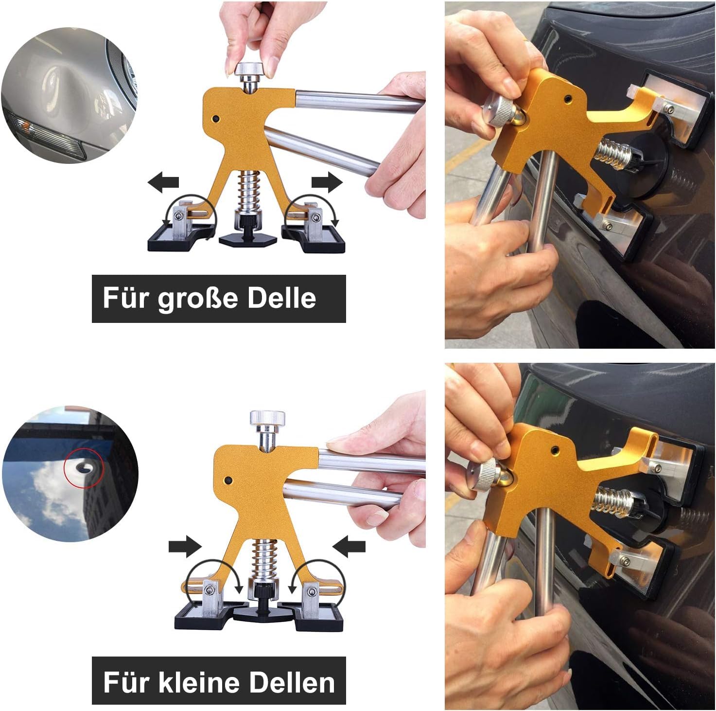 Reparación de coches Dellen, Auto Dellen Reparación Herramienta de extracción Anchura ajustable Elevador dorado, martillo deslizante y puentes metálicos Extractor para vehículo Dellen Eliminar