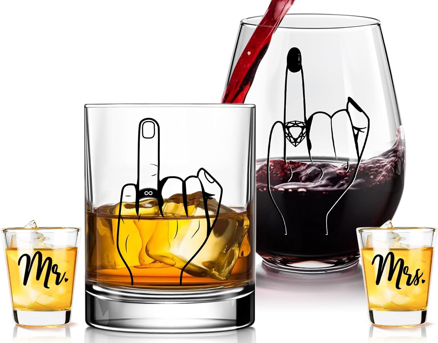 Funny Engagement Gift Set – 4PCS Mr and Mrs Glasses with Ring Finger Wine Glass & Whiskey Glass – Shot Glasses for Newly Engaged Couple – Bridal Shower, Wedding, Bachelorette Gifts for Him & Her