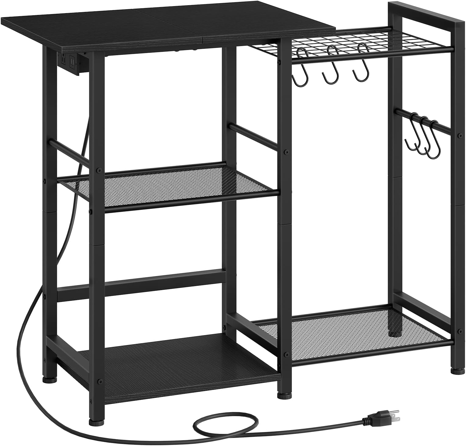 Bakers Rack with Power Outlet, Microwave Stand with Pots Rack, Kitchen Stand, Coffee Bar Table with 6 S Hooks, Kitchen Utility Storage Shelf for Spices, Pots, Black BB15UHB01G1