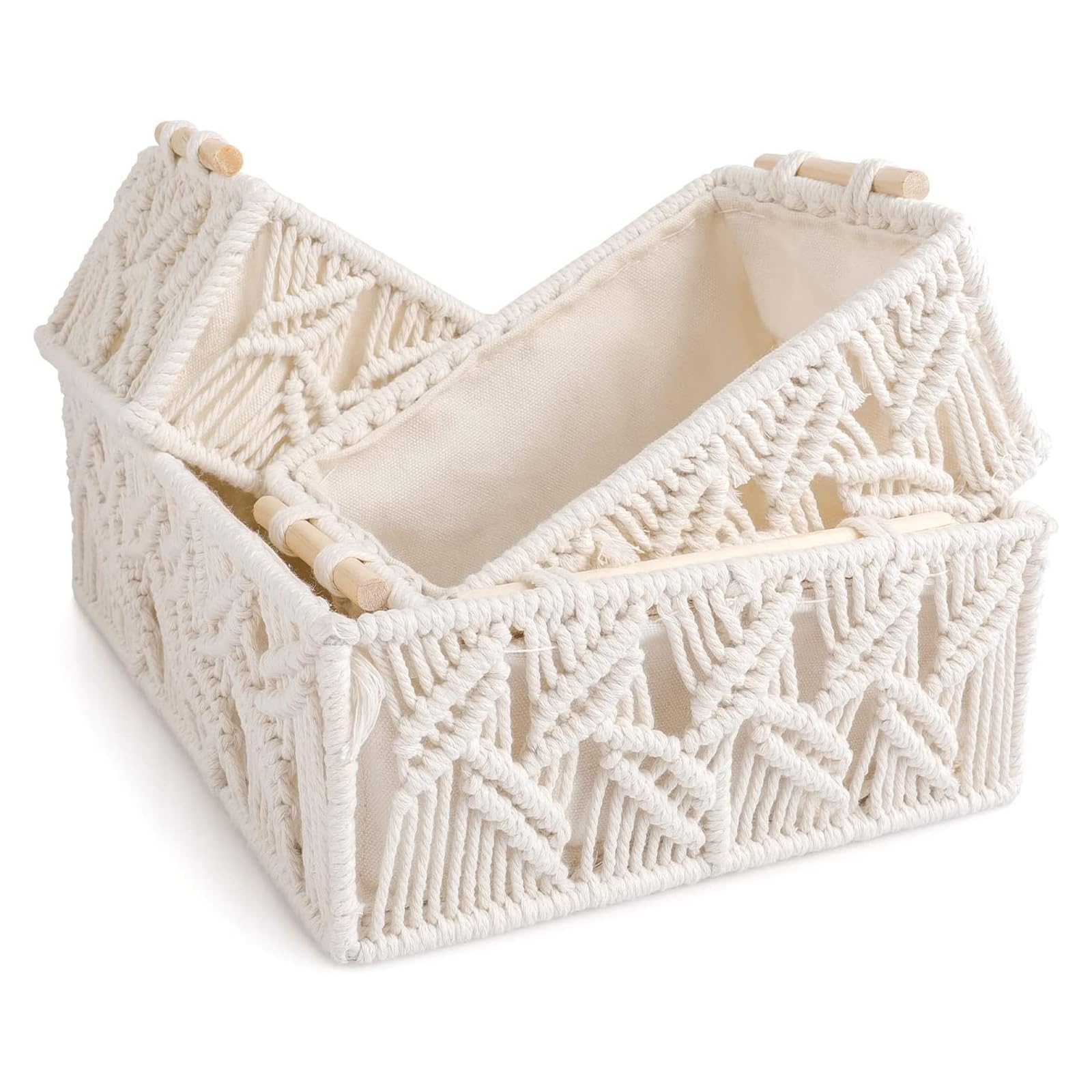 Juego de 3 cestas de almacenamiento tejidas de macramé con asas de madera, cajas estilo cajas para dormitorio, sala de estar y decoración de encimera