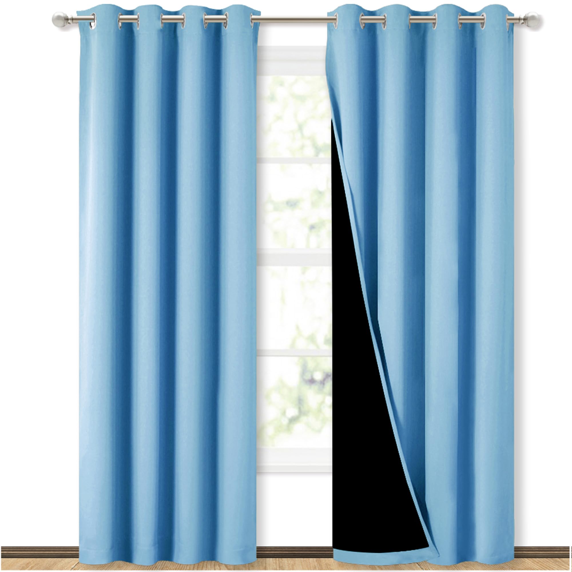 NICETOWN 100% Blackout Curtains 84 inches Long, Blue, 52 inches Wide, Pair of Energy Smart &amp; Noise Blocking Out Drapes for Baby Room Window, Thermal Insulated Guest Room Lined Window Dressing