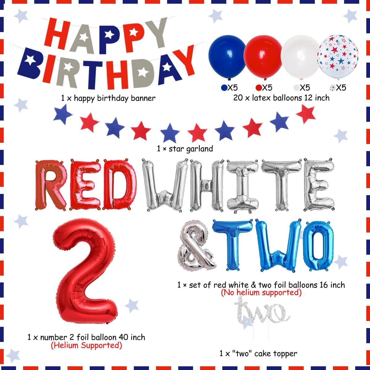 Patriotic 2nd Birthday Party Supplies and Decorations, 4th of July Birthday Decorations for Boys Girls - Red White & Two Balloon Banner Cake Topper for Little Firecracker American Theme Birthday