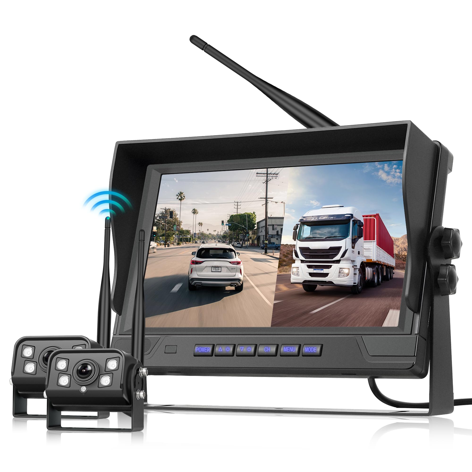 Digital Inalámbrica Cámara de Marcha Atrás Kit de Coche con 2 1080P Camara Trasera, 9 Pulgadas IPS Monitor, IP68 Impermeable, BSD, Visión Nocturna,Bucle de Vídeo, Imagen Flip