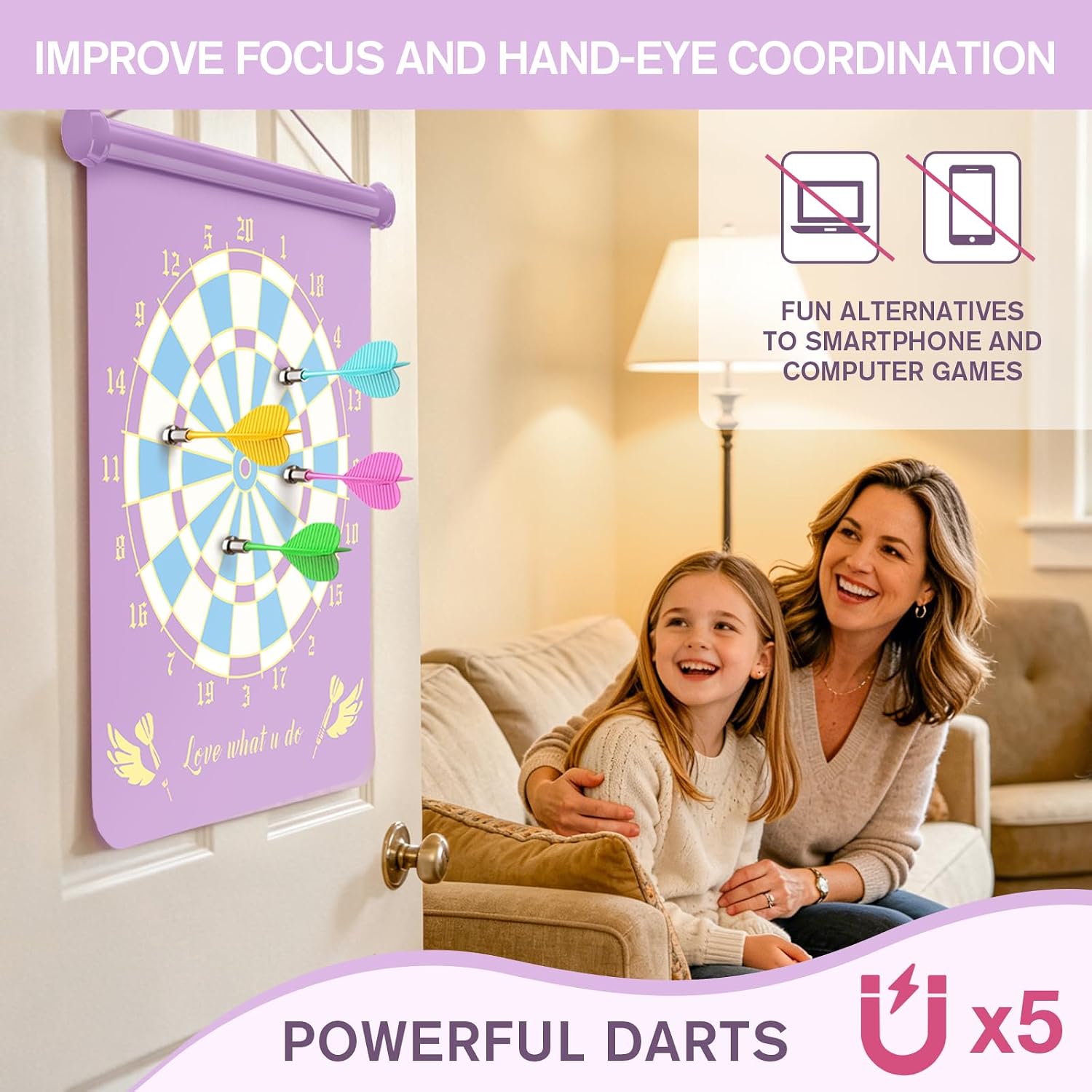 Gitus Pink Magnetic Dart Board Game for Teen Girls, 12 Soft Darts Kids Dart Set, Girls Room Wall Decor, Trendy Gift Ideas for 8-16 Year Old Teenage Girls, Safe Indoor Bedroom Play Toy image 5