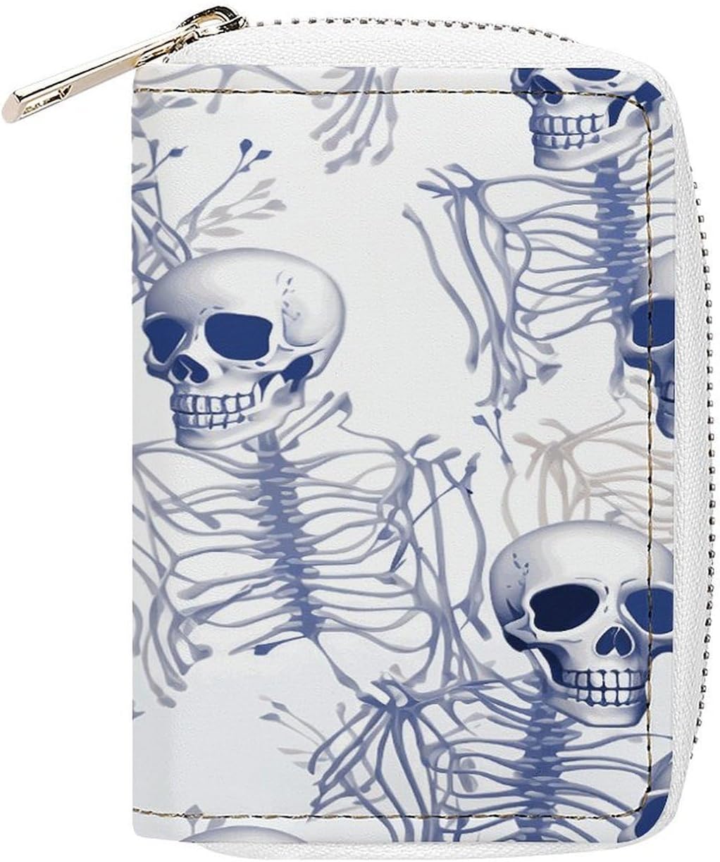 Blue Skeleton Pattern on White Background Card Holder RFID Blocking,Credit Card Wallet for Women And Men,Card Case Organizer Bag with Zipper