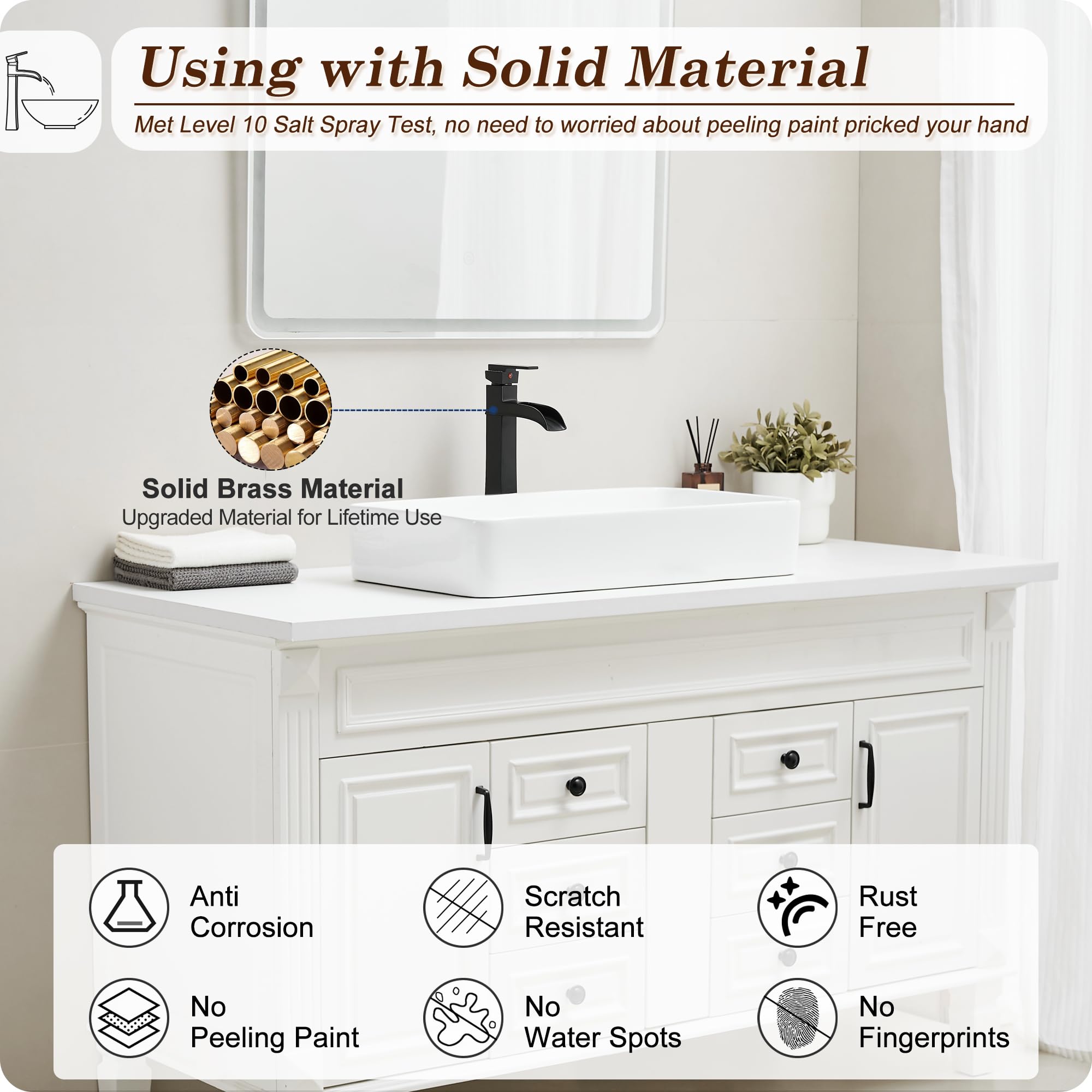 Vessel Sink Faucet Black 12 Inch Waterfall Tall Bathroom Faucet One Hole with Pop-Up Drain Pre-Installed Hoses Single — view 4