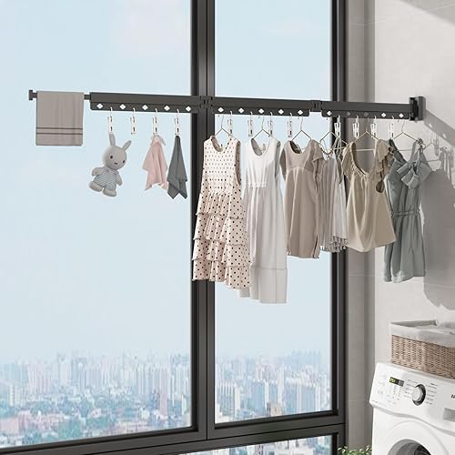 Miniatura 4 de Perchero plegable triple con brazo extendido, estante de secado de ropa montado en la pared para secar al aire, perchero plegable retráctil para