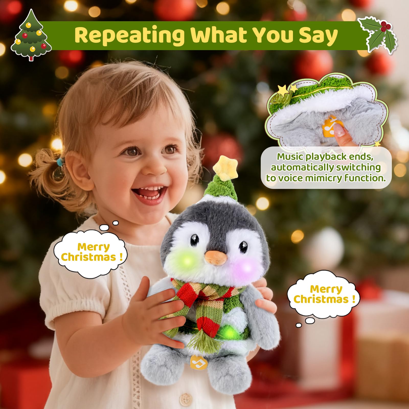Edencomer Penguin Plush Toy, Singing Dancing Glowing Repeating Toy, Musical Interactive Plush Toy Repeating What You Say - Image 4
