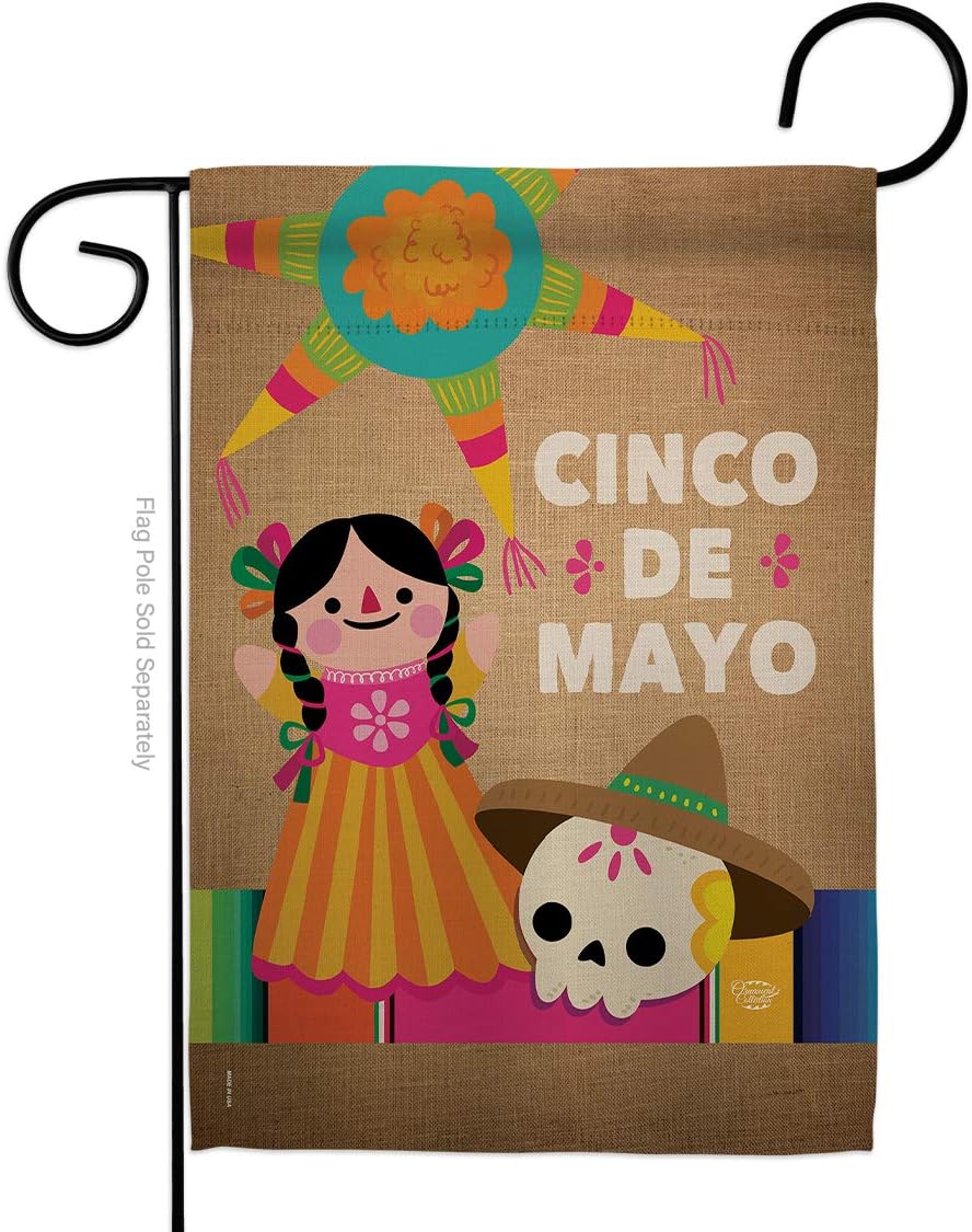 Cinco de Mayo Day Burlap Garden Flag Summertime Party Cactus Pinata Sombrero Mexican Fiesta Outdoor Small Decorative Gift Yard House Banner Double-Sided Made In USA 13 X 18.5