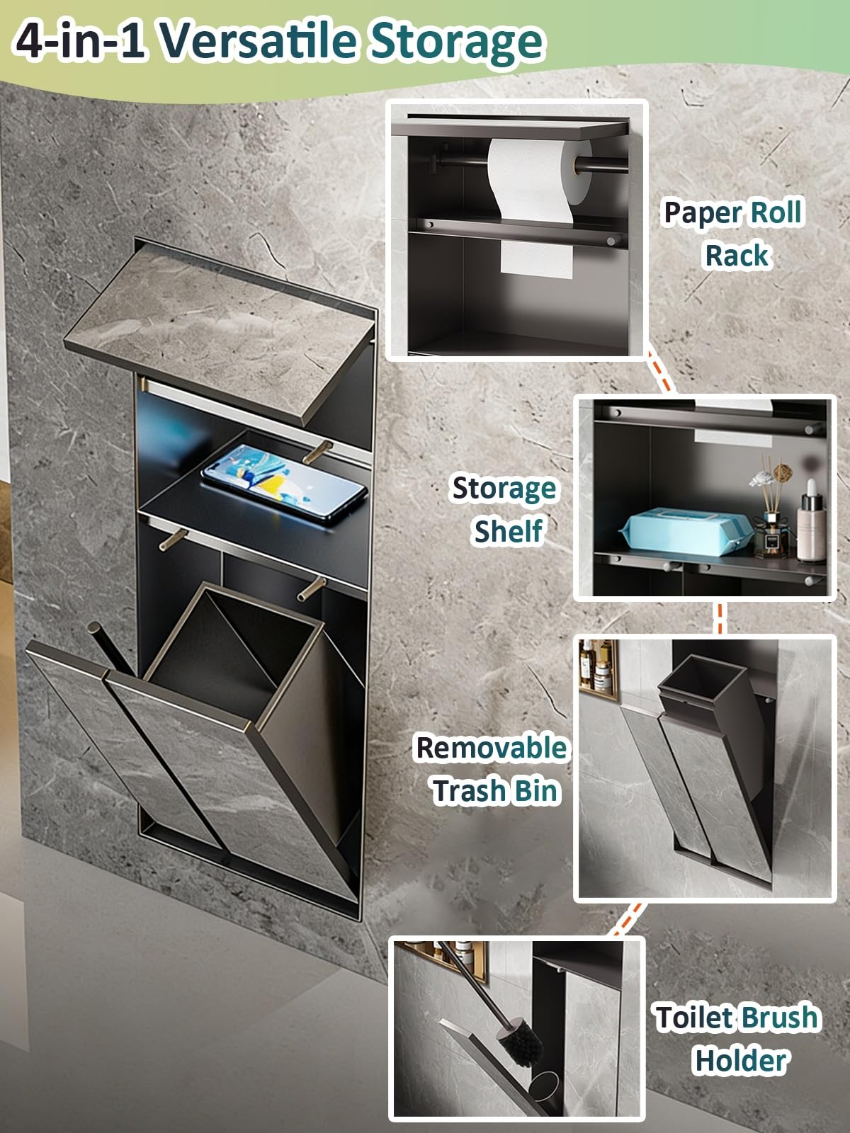 Soporte de papel higiénico empotrado con estante, cubo de basura integrado, organizador de baño, armario de almacenamiento oculto