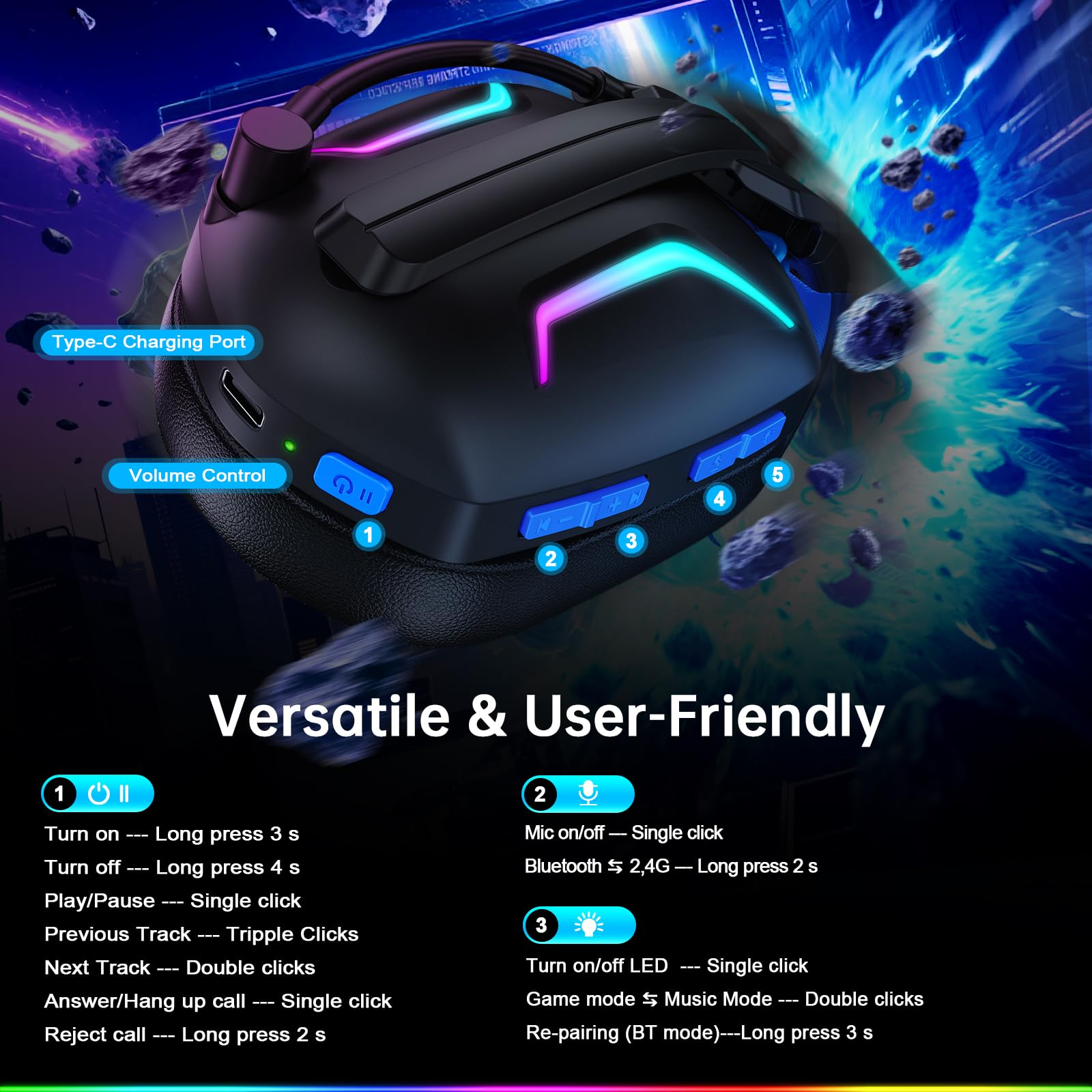 Fachixy FC-300 zestaw słuchawkowy gamingowy z mikrofonem, bezprzewodowy zestaw słuchawkowy 2,4 G do PS5, PS4, PC, Switch, Mac, Surround Sound, składane słuchawki Bluetooth, bezprzewodowe, z