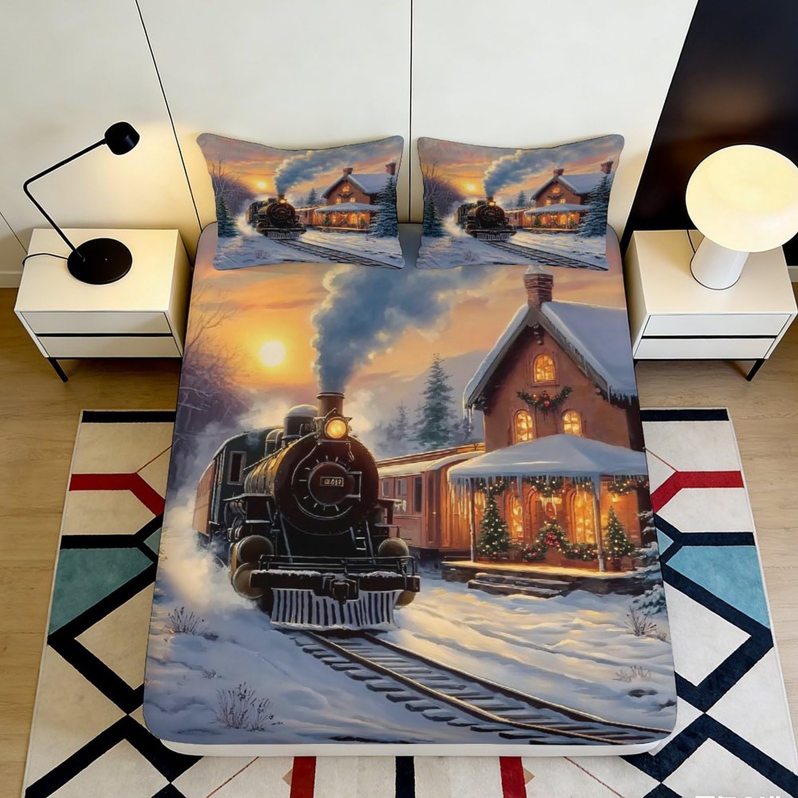 3D Printed Winter Train Fitted Sheet Microfiber Soft Breathable Snowy House Bed Cover for Bedroom Dormitory Guest Room Mattress Protection 180x200x25cm