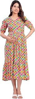 Elegant Pure Cotton Maternity Kurti for Women with All Over Print | Ethnic Feeding Dress with Zip Access | Stylish Flare L