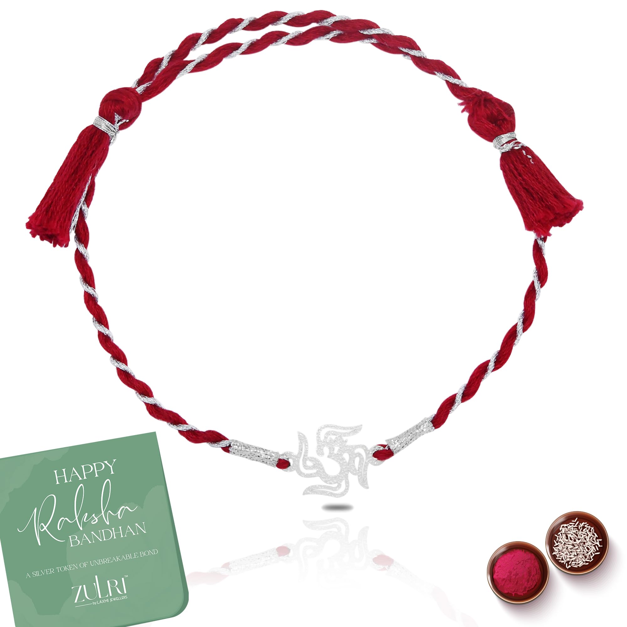92.5 Pure Sterling Silver OM Swastik Red Thread Rakhi For Rakshabandhan | Rakhi With Fragrance Greeting Card & Roli Chawal and Silver Certificate of Authenticity-image-45
