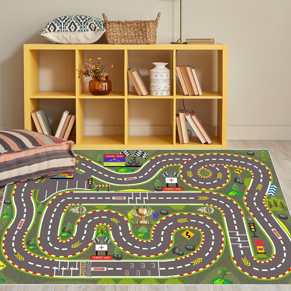 Kids Rug, Race Track Playmat Rugs 70×47 in Kids Carpet with Rubber Backing, Start and Finish line Racing Track Marking Car Road Race 3D Play Mat Nursery Rugs for Children Bedroom Playroom