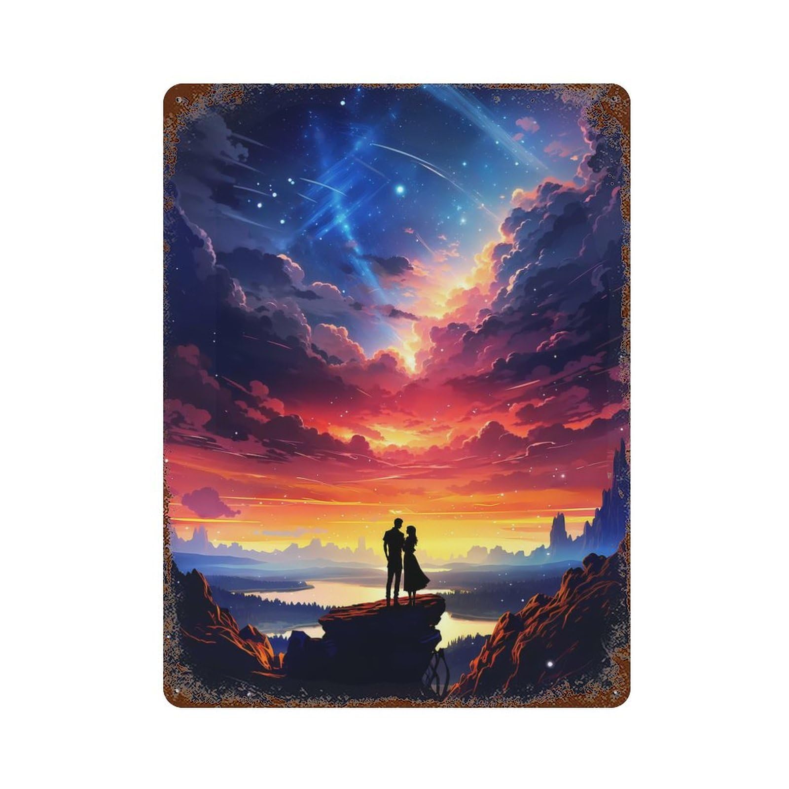 Weathered Tin Sign Stellar Love Sunset 15.7"x11.8", Rustic Home Decor for Basement, Hobby Room And Garage Decor