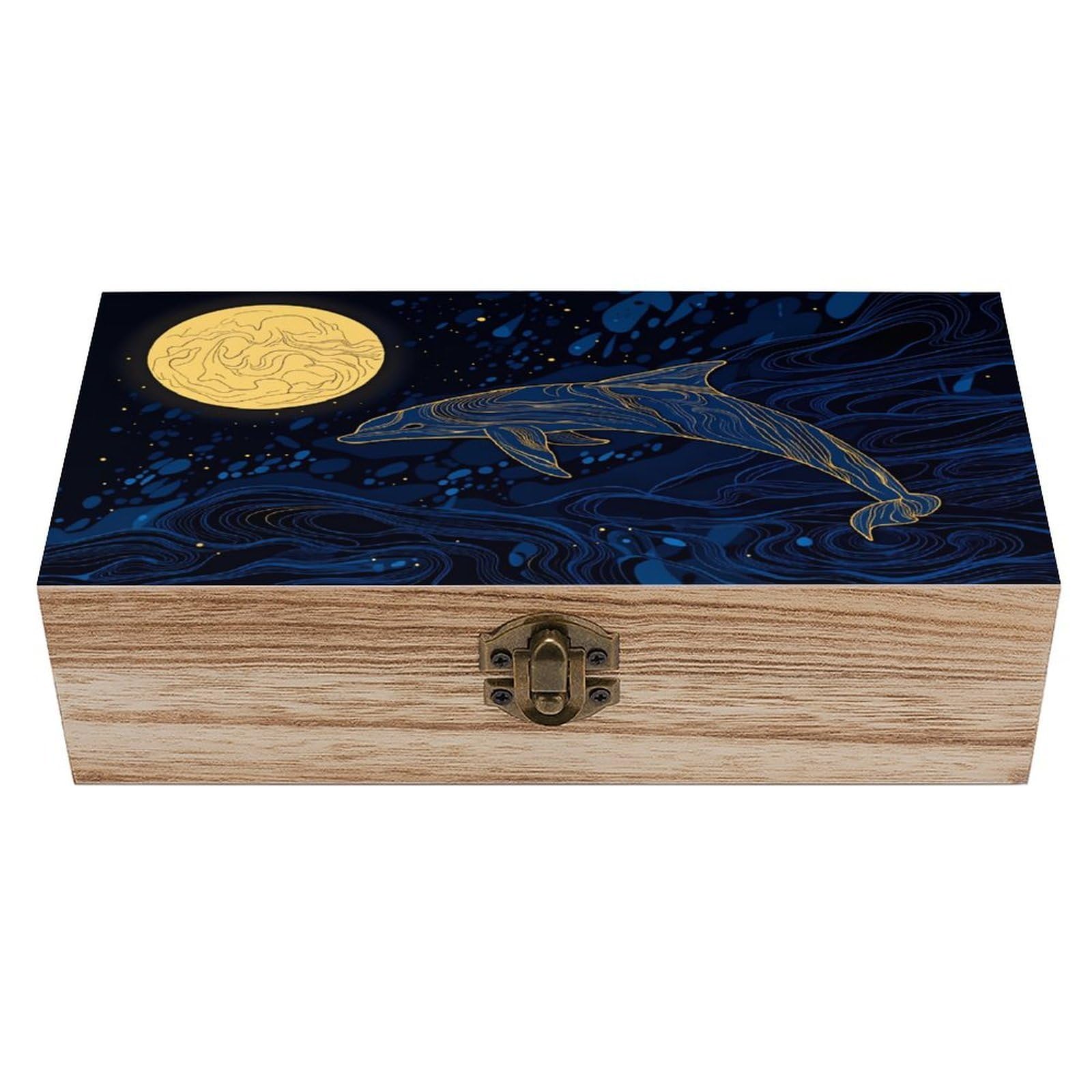 asbwuo Line Art Dolphin And Moon Vintage Wooden Keepsake Box