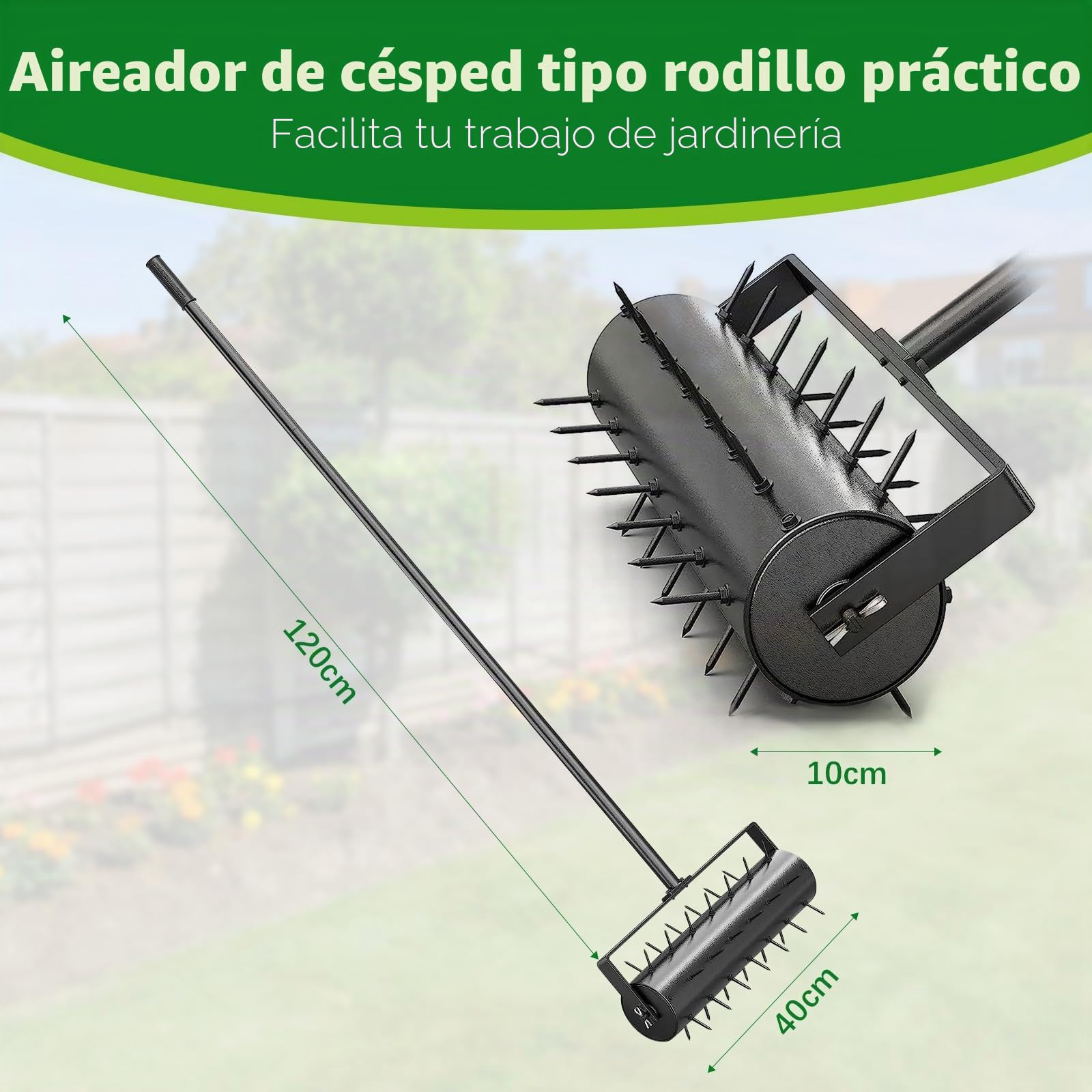 JAOGAUS Aireador y Escarificador de Césped Manual, Rodillo con Mango de Metal Extraíble Telescópico Ajustable de 3 Niveles, Clavos de 5 Cm, Herramienta Resistente para Jardín y Patios