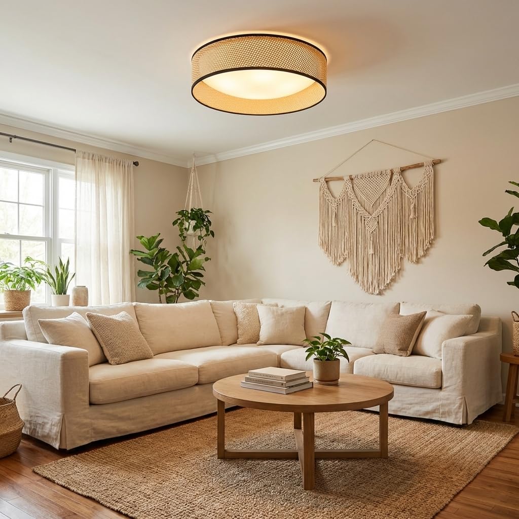 Alpinaluz Plafón LED Redondo de Techo 30W CCT 3000K-6000K Pantalla Trenzada de Ratán Natural Ø40 cm Estilo Nórdico Boho Iluminación Decorativa para Salón Dormitorio Comedor