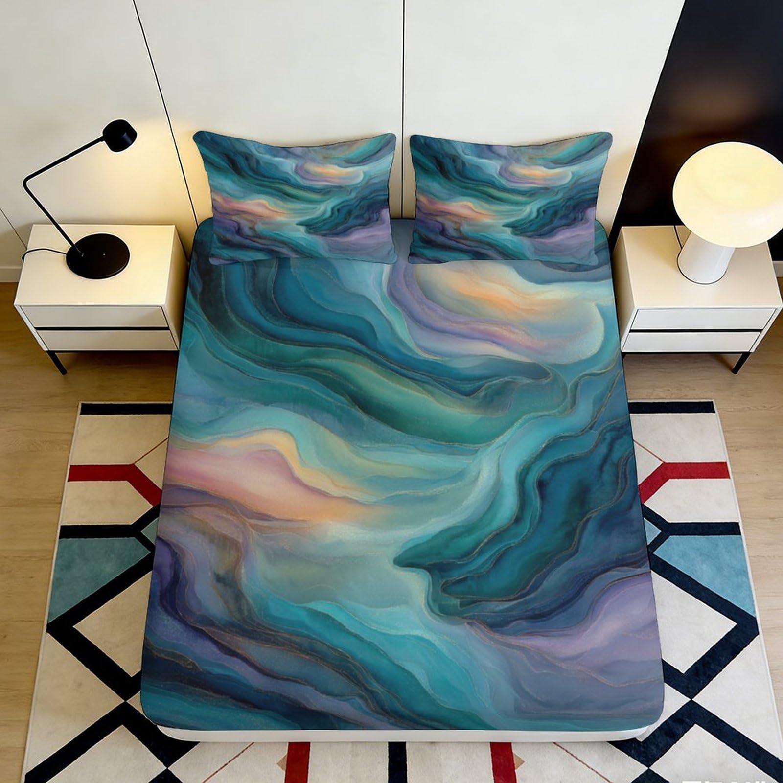 3D Printed Ocean Wave Fitted Sheet Microfiber Soft Abstract Swirl Bed Cover for Bedroom Guest Room Decor 180x200x25cm