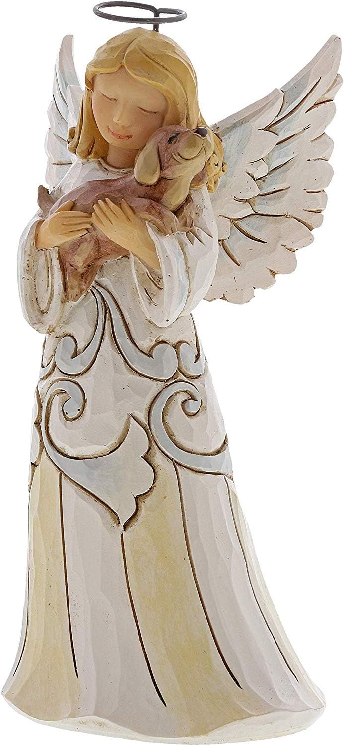 Jim Shore Heartwood Creek White Woodland Farmhouse Angel with Dog Figurine, 5.2 Inch, Multicolor