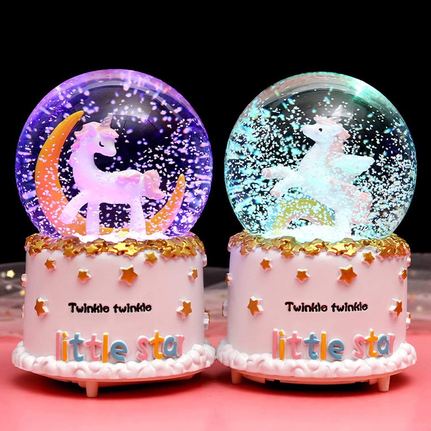 Unicorn Snow Globe, 80 MM Automatic Snowfall Cartoon Moon Music Box Home Decoration for Girls Kids Granddaughters Babies Birthday Gift, Musical, Resin/Glass