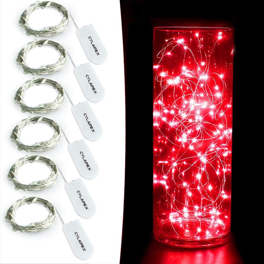 CYLAPEX 6 Pack Red Fairy Lights String Battery Operated Fairy Lights Firefly Lights LED Starry String Lights 3.3ft 20 LEDs Silvery Copper Wire for Christmas DIY Decoration Costume Wedding Party