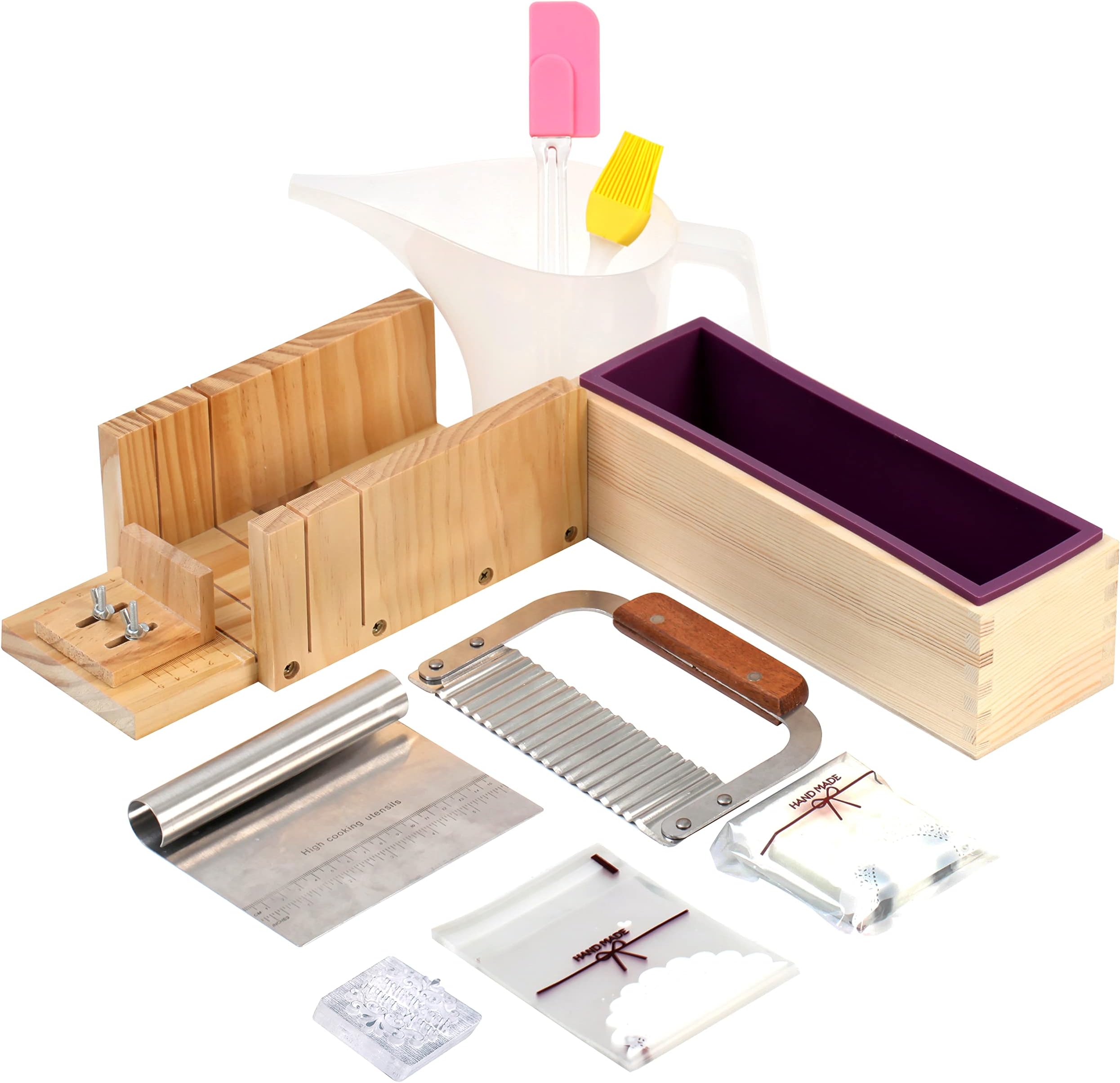 BOOWAN NICOLE Soap Making Kit 42oz Loaf Silicone Mold Multi-Function Adjustable Wood Soaps Cutting Box with Stainless Steel Wavy & Straight Cutter