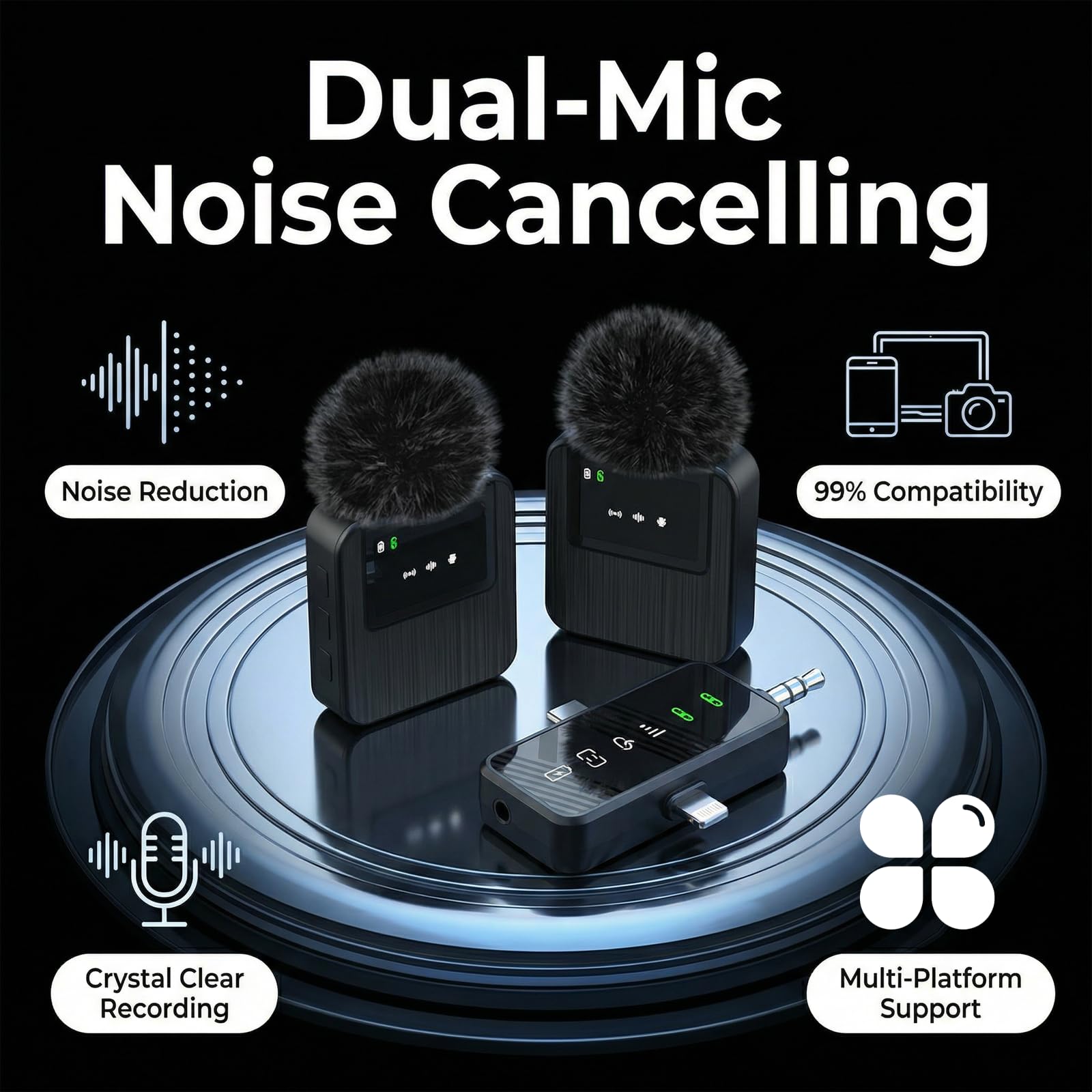 Microfono Lavalier Senza Fili 2.4G (2TX-1RX) – Autonomia 18H, Portata 100m, Riduzione Rumore DSP & Tasto Muto per Smartphone, Videocamera, Video, Live Streaming