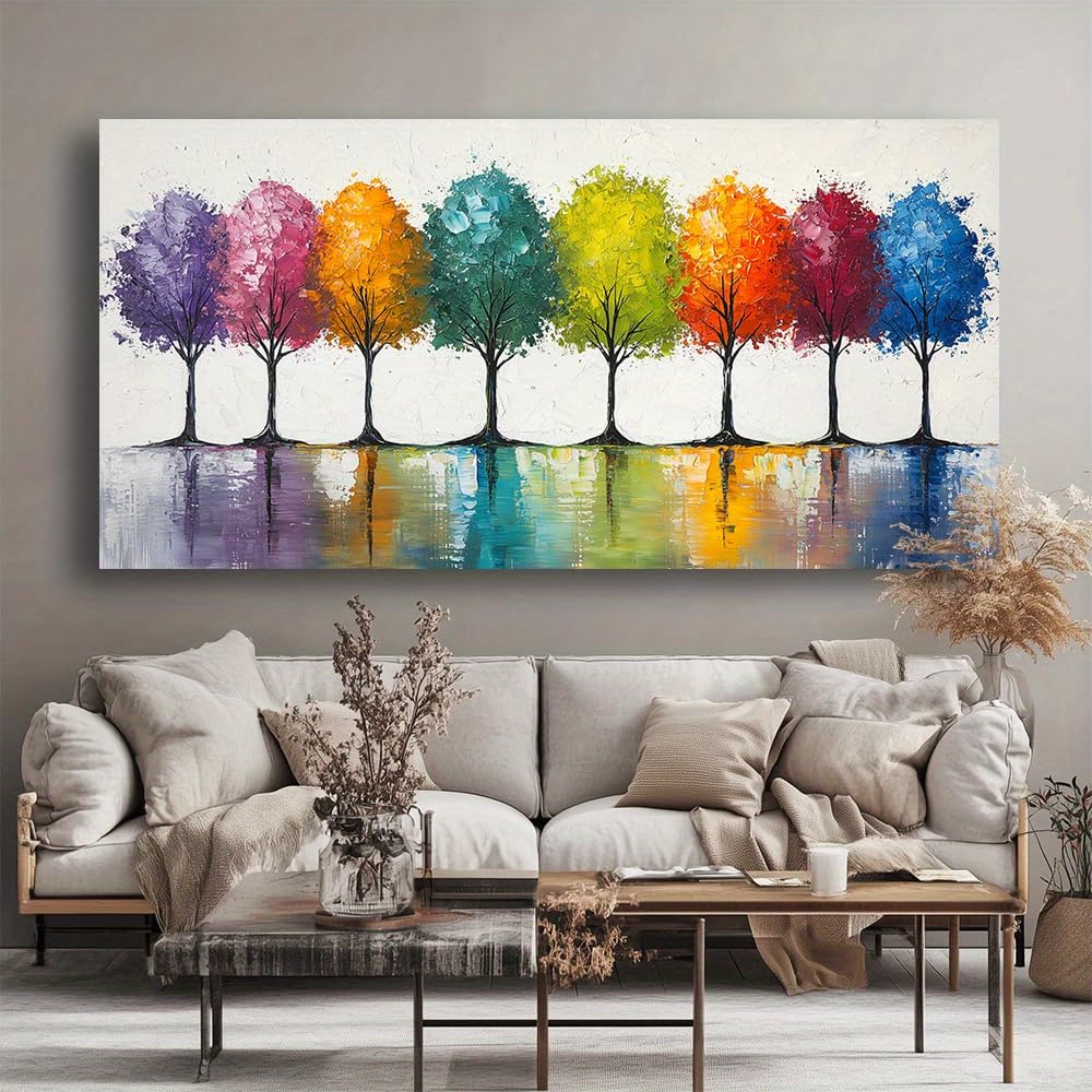 IHHGNB Rainbow Trees Wall Art, Abstract Modern Canvas Painting Vibrant Colorful Trees Landscape Artwork for Living Room Decor(75x150cm(30x59in)/No frame)