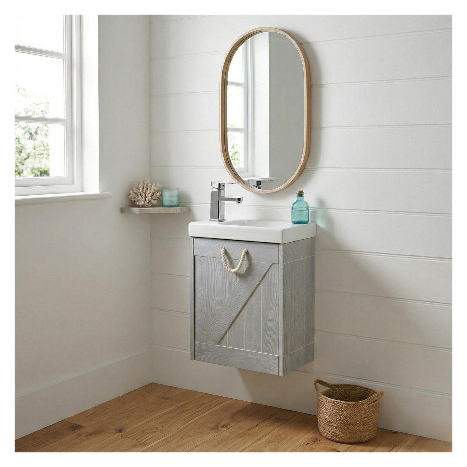 MOB-IN Meuble Lave-Mains Gris Bord de mer + Miroir Mistral