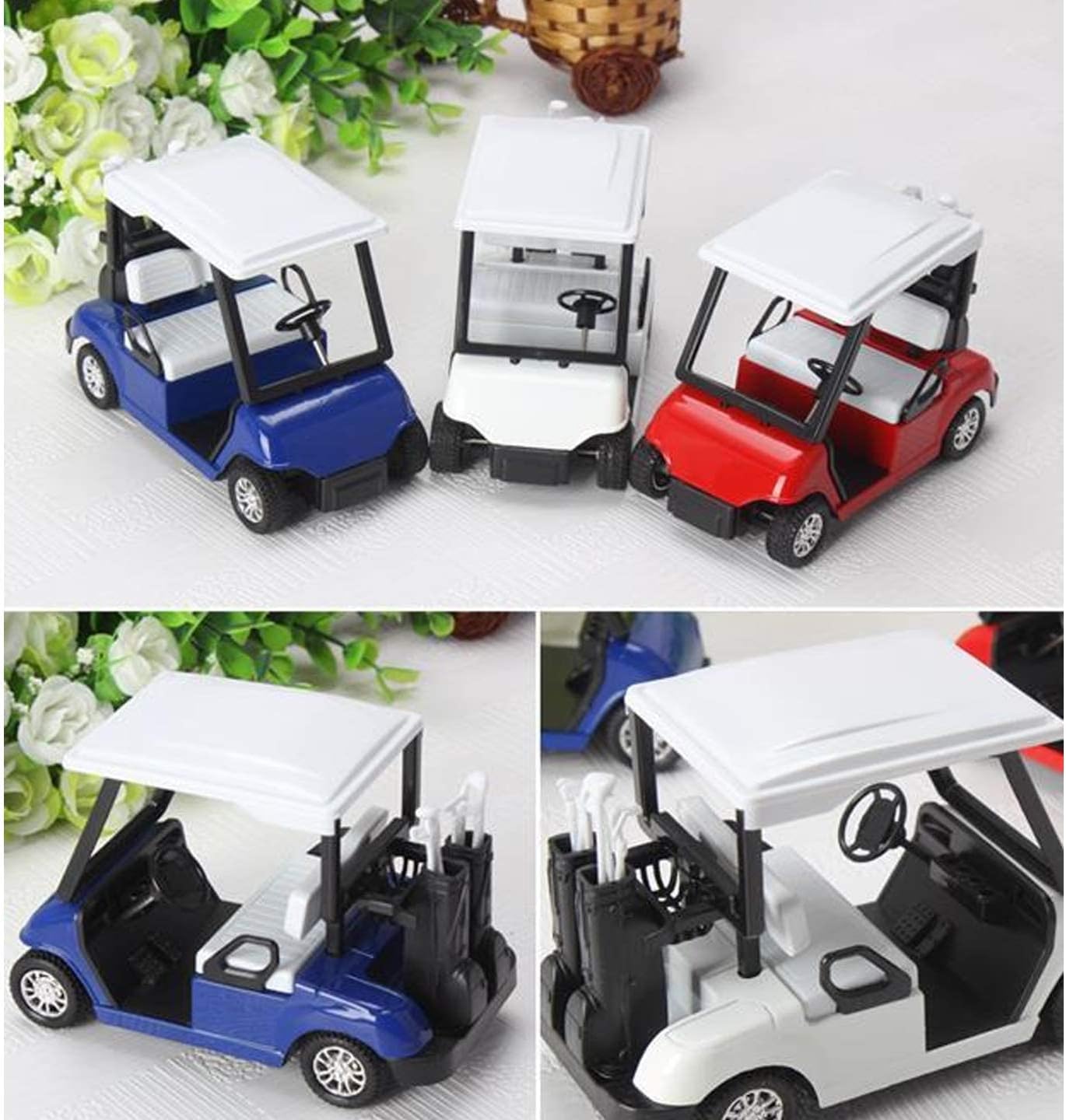 6 Pack: Diecast Golf Carts Toy with Clubs, Alloy Metal Mini Model 1:20 Scale Golfcart Pullback Vehicles for Golfing Themed Office Desk Decor, Bulk Birthday Party Cake Decorations (4.75 Inches)