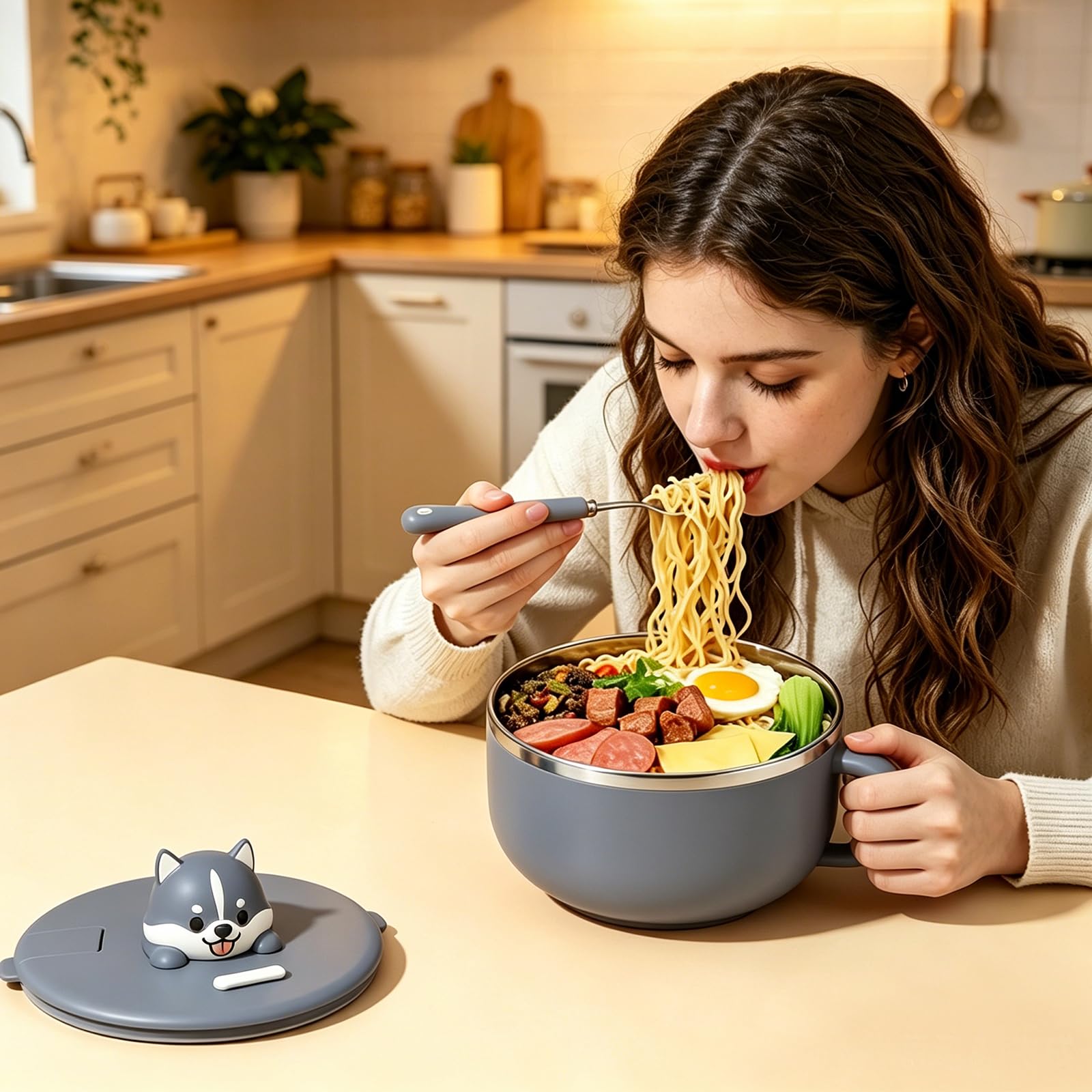 Cuenco de ramen instantáneo de 1200 ml con tapa y cuchara, cuenco de pasta instantánea con asas, horno ramen portátil para microondas, bento, almuerzo, sopa, pasta (ronco)