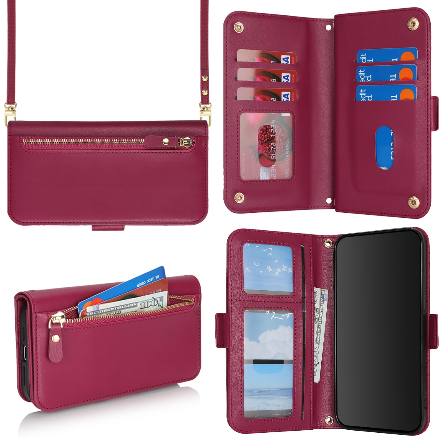 SunYoo for iPhone 12 Wallet Case for Women,for iPhone 12 Pro Case with Strap Crossbody Lanyard,PU Leather Shockproof Card Holder Stand Zipper Pocket