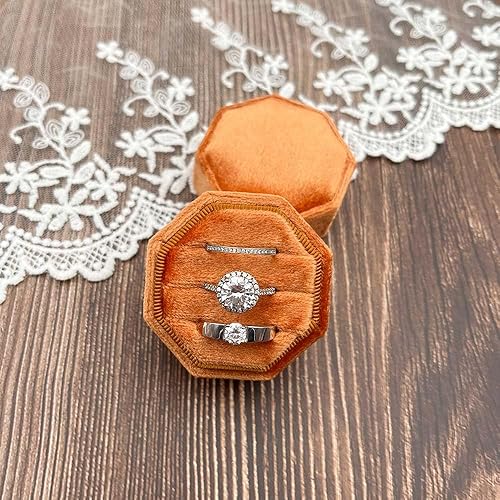 Miniatura 3 de Caja de terciopelo para anillos con 3 ranuras, octágono de alta calidad, hecha a mano, con tres anillos, almacenamiento para ceremonia de boda