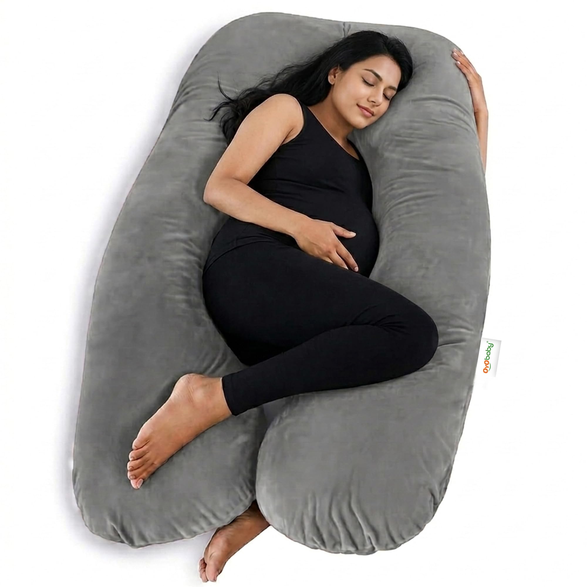 OYO BABY Pregnancy Pillows for Sleeping U-Shape Full Body Pillow | Head-to-Toe Maternity Support for Back, Hips, Legs & Belly | Removable Washable Velvet Cover (Light Grey)-image-38