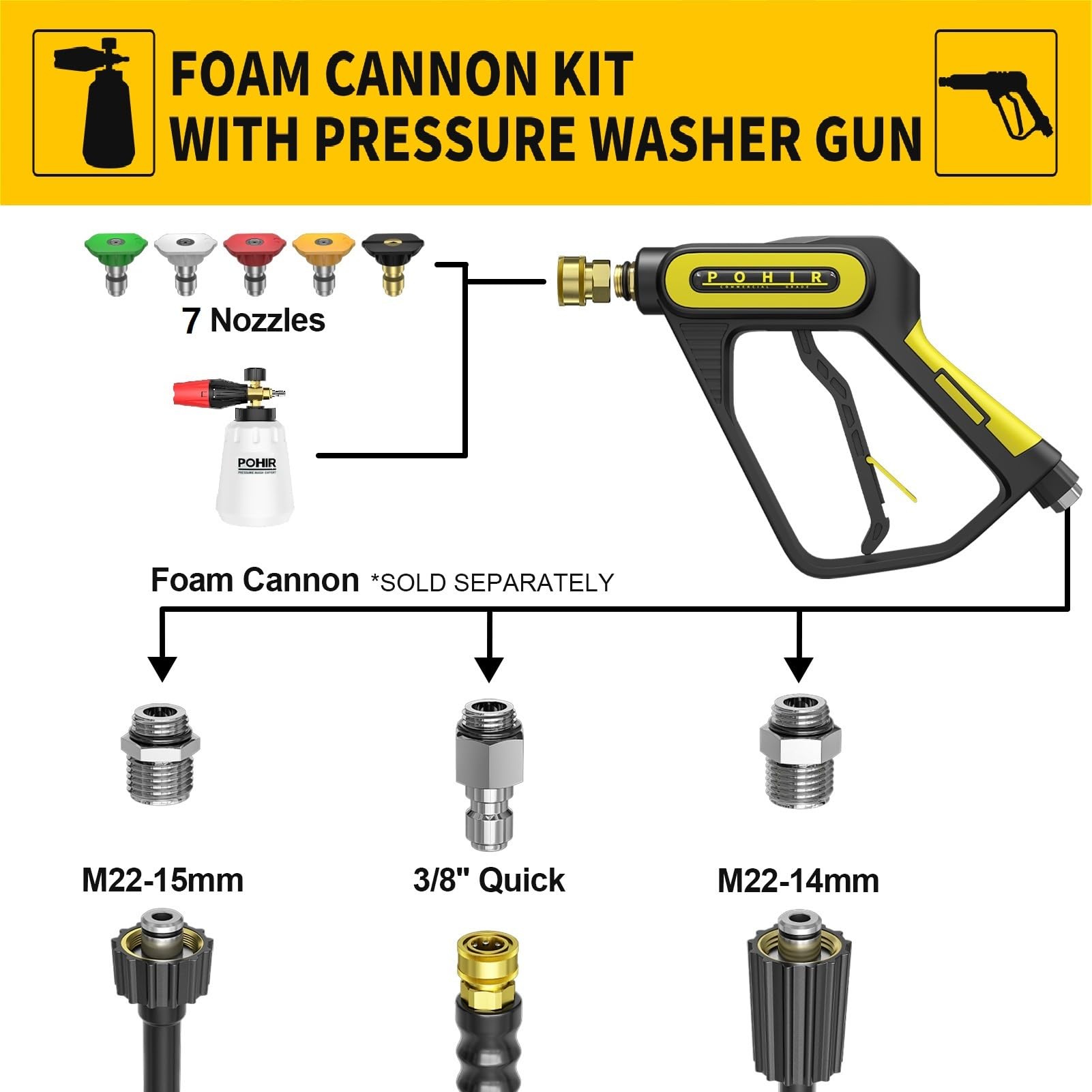 POHIR Pistola per idropulitrice con tubo di lavaggio elettrico da 3/8", 15,2 m, 4800 PSI e cannone in schiuma, kit di lavaggio auto con bacchetta di estensione e punte per ugelli e raccordi M22 da 15