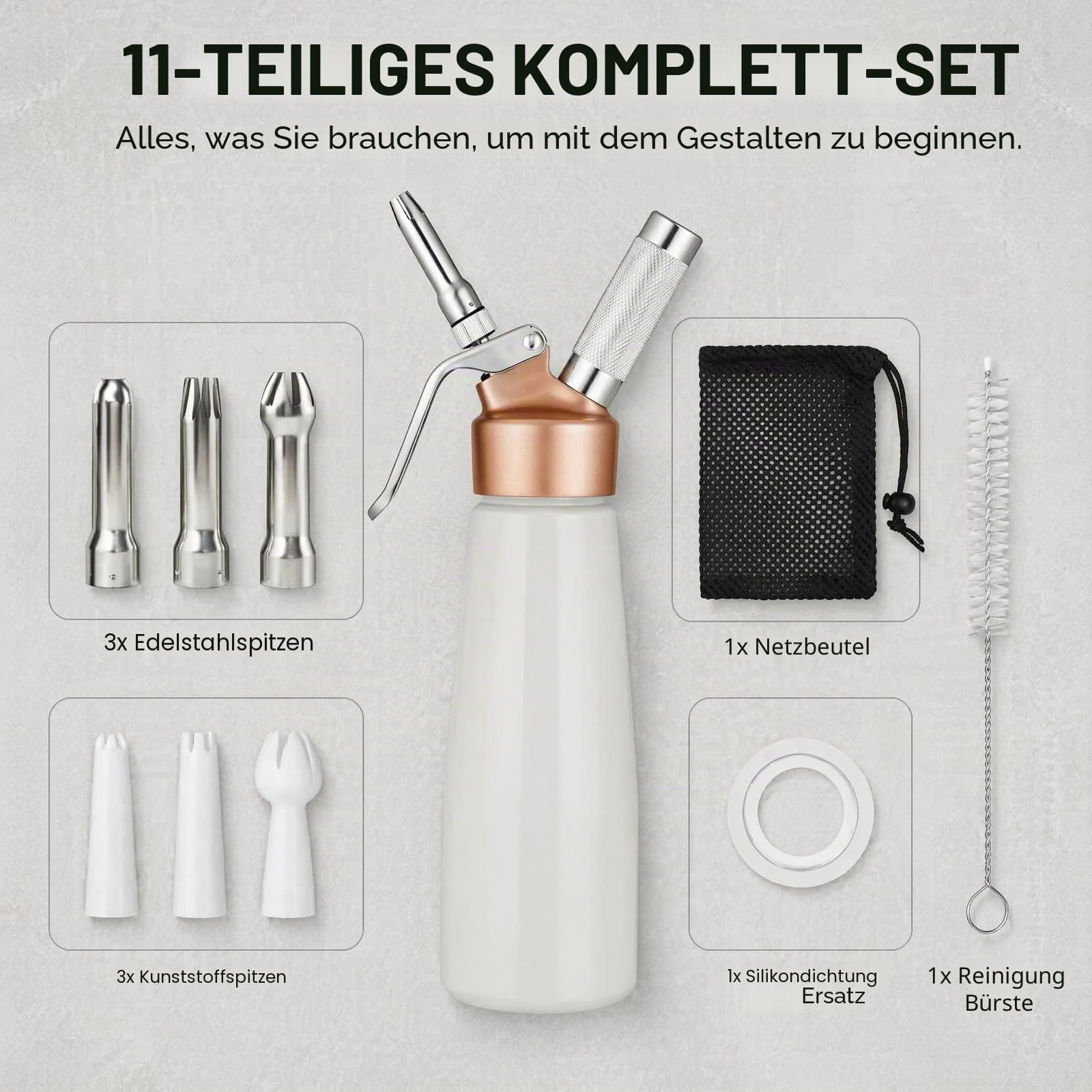 Professional Sahnespender, 0.5 Liter Aluminium-Legierung, Sahne-Peitsche, Kanister mit goldener Oberseite und 6 Dekorationsspitzen, für hausgemachte Schlagsahne (weiß) | Aluminiumlegierung, goldfarbene Oberseite, 6 Spritztüllen, für hausgemachte Schlagsah