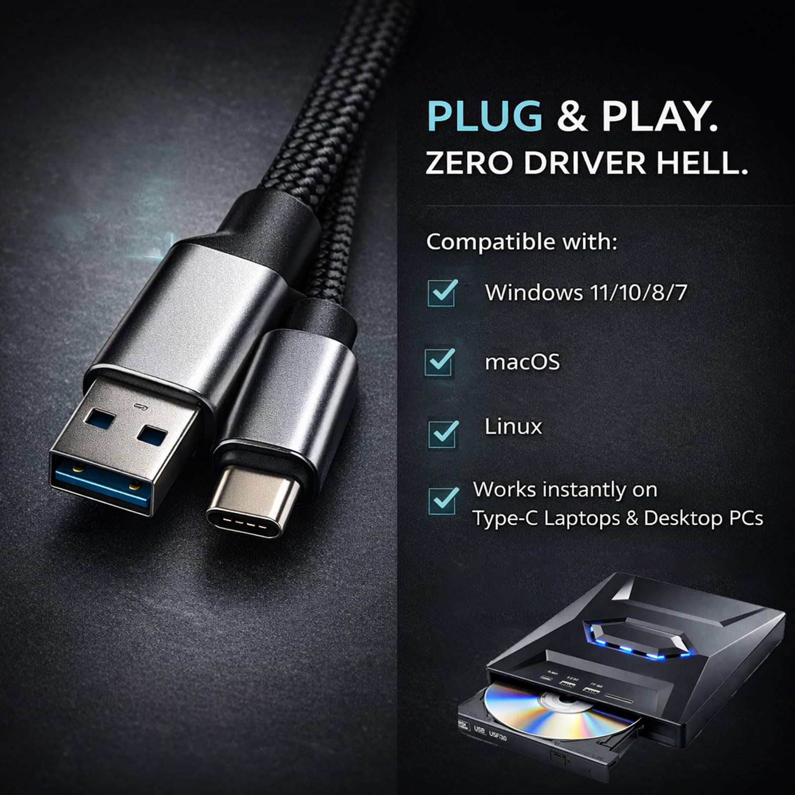 7-in-1 External USB DVD Drive & Blu-ray Player, Portable Optical