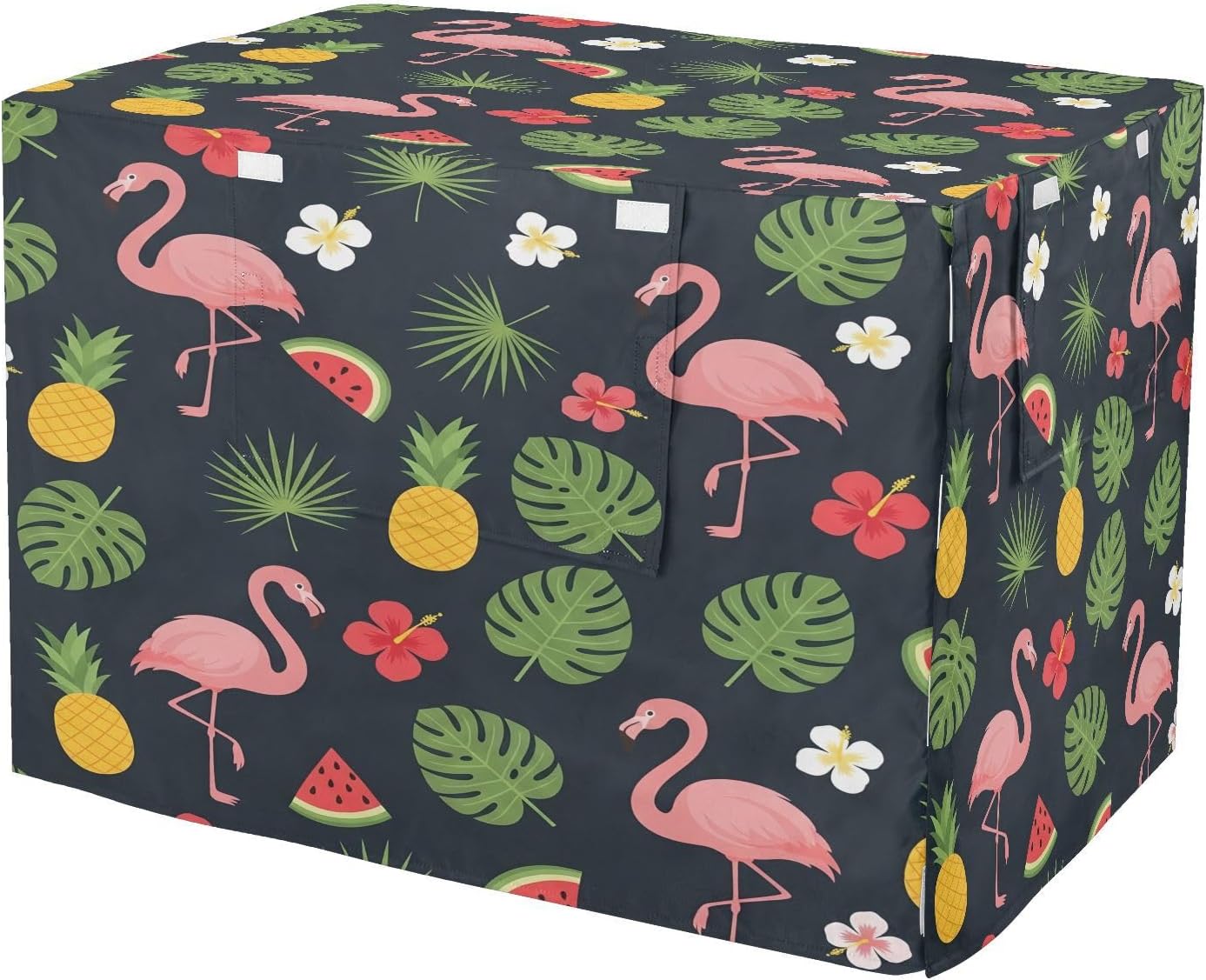 Flamingos Tropical Palm Dog Crate Cover 600D Oxford Pet Kennel Cover with Mesh Window for Dog Cages, Windproof Waterproof Machine Washable, 48"x30"x33"