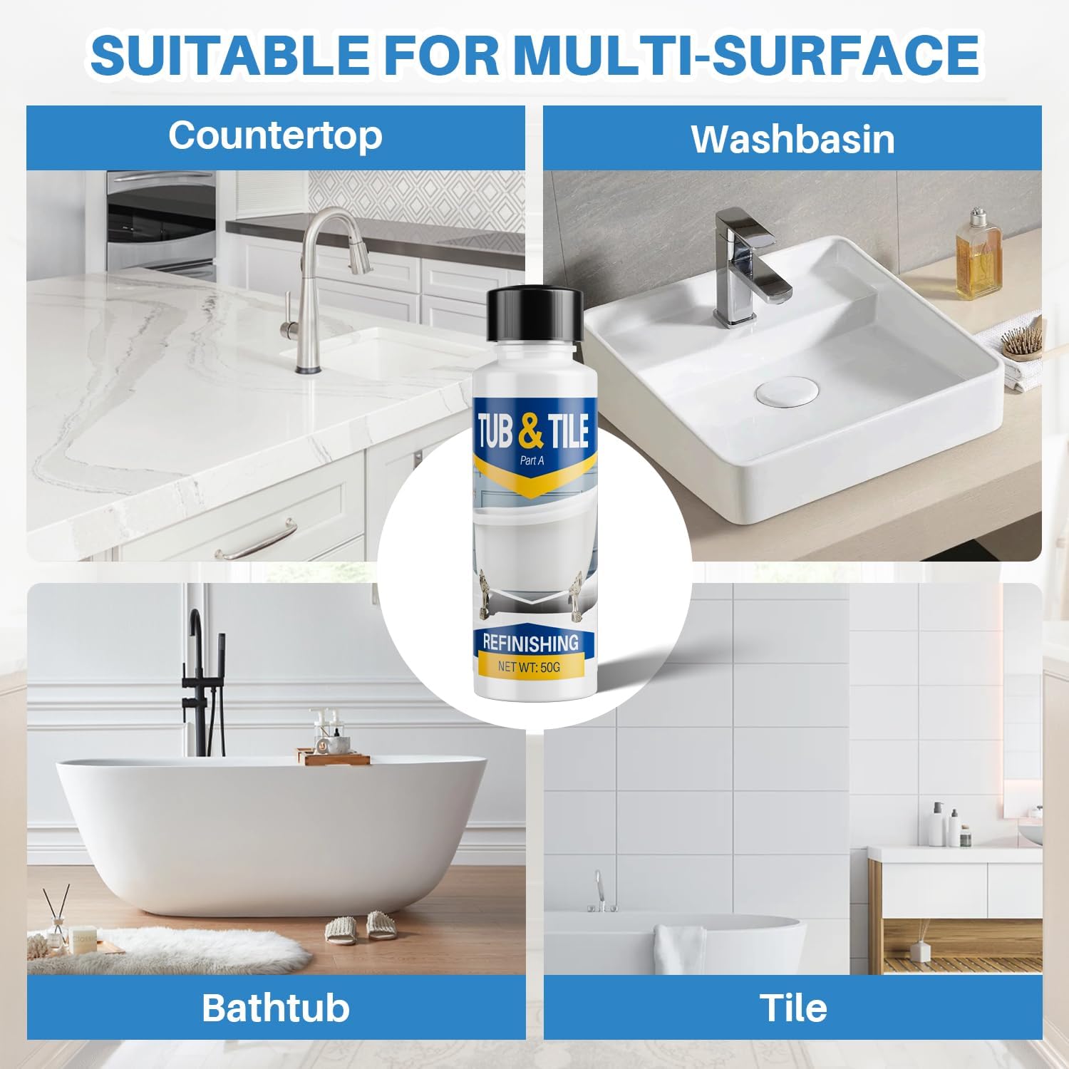 Tub and Tile Paint, 1.8 oz Bathtub Paint for Bathtub, White Touch Up Paint for Sink, Bathroom and Toilets, Water Based & Low Odor, Semi-Gloss white, 2.5-3sq.ft(No Need Part B)