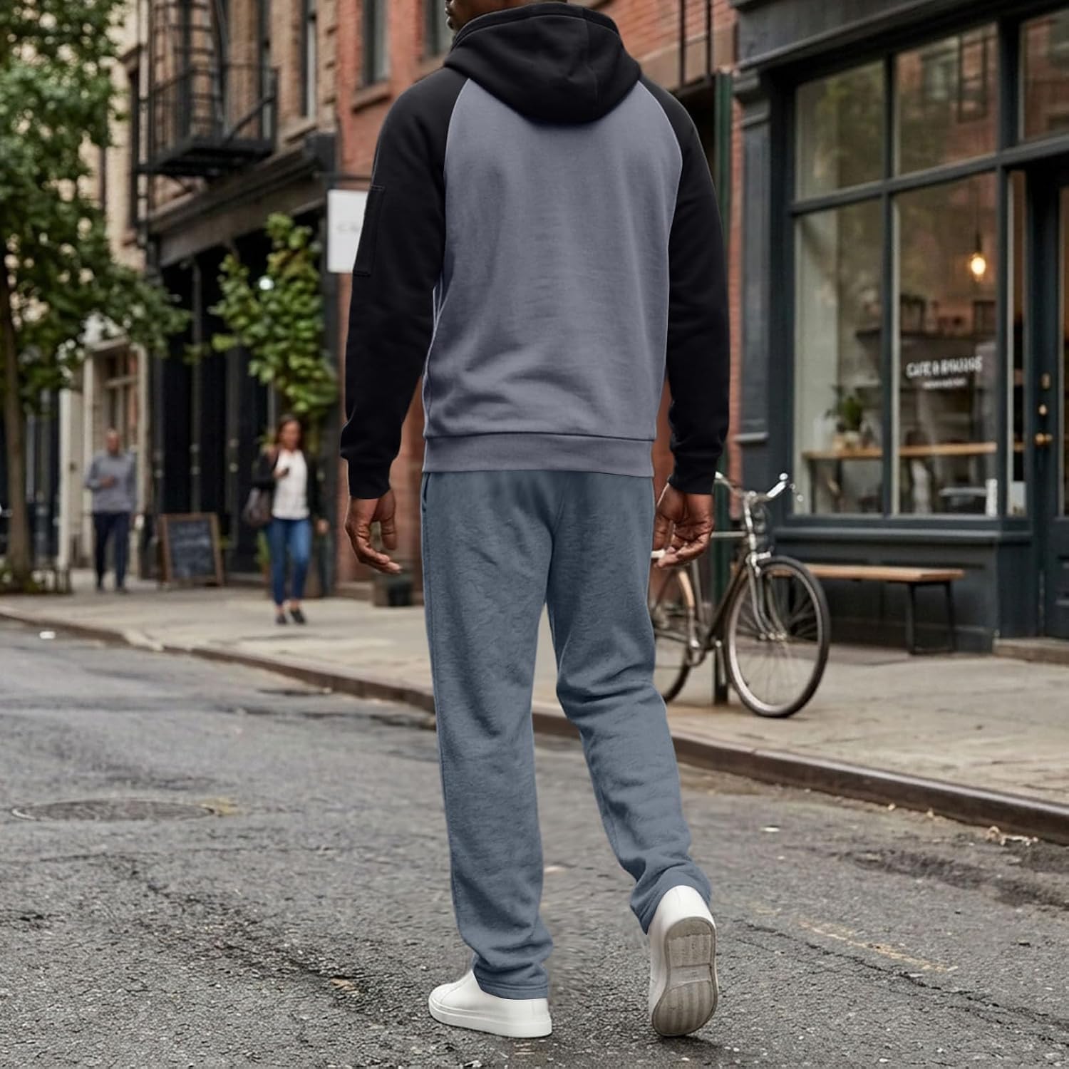 Fleece Mens Track Suits 2 Piece Raglan Sleeve Block multi-Pocket Warm Cardigan Straight Leg Sweatsuit