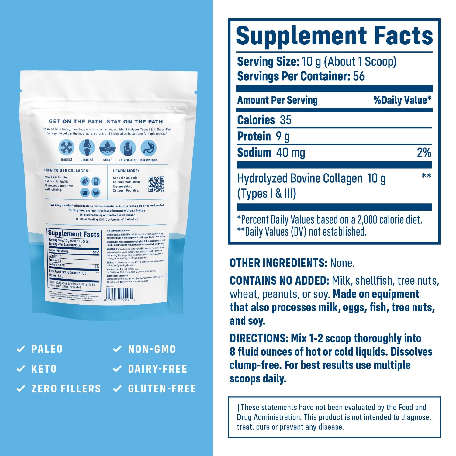 NativePath Collagen Peptides Protein - Hydrolyzed Type 1 & 3 Collagen Powder for Skin, Hair, Nails - 19.8 oz (56 Servings) — Amazon image 6
