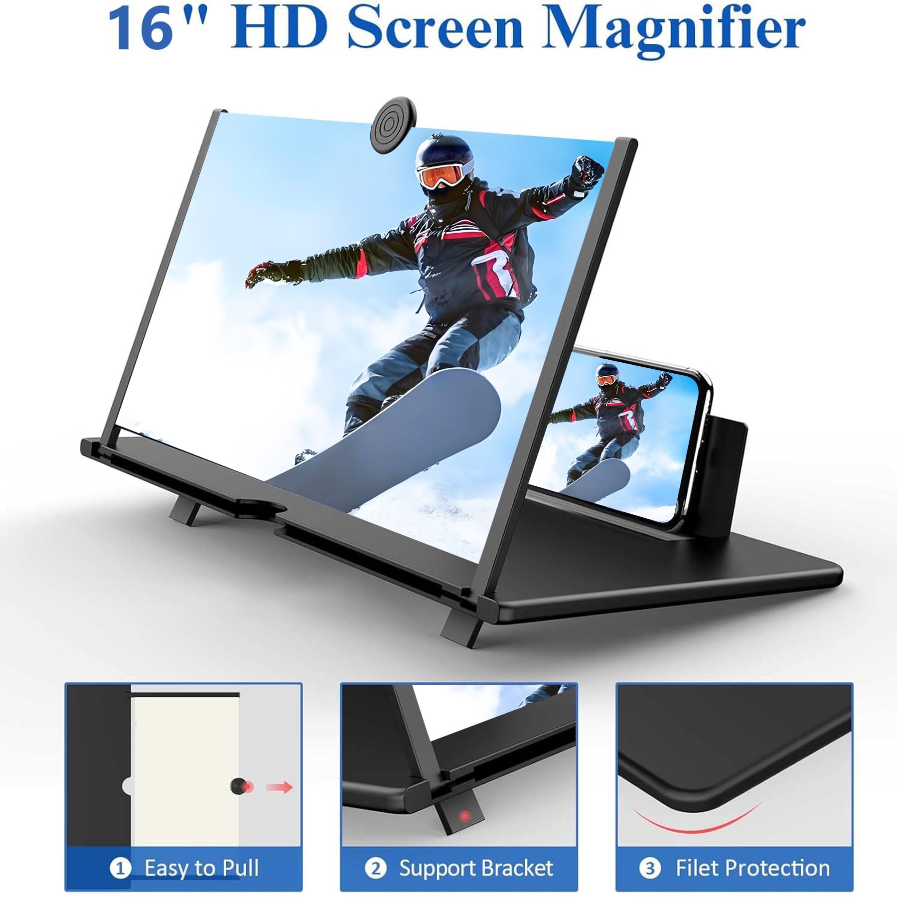 Lupa de pantalla de 16 pulgadas para teléfono celular, proyector de aumento 3D HD para películas, videos y juegos, soporte plegable para teléfono con amplificador de pantalla, compatible con todos los