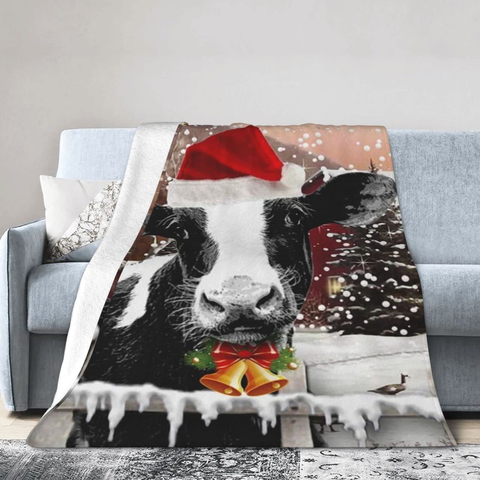 Lsjuee Christmas Flannel Fleece Blanket 80"X60" Black White Cow Christmas Bed Throw Blanket Lightweight Ultra-Soft Travel Winter Blankets for Boys Keep Warm