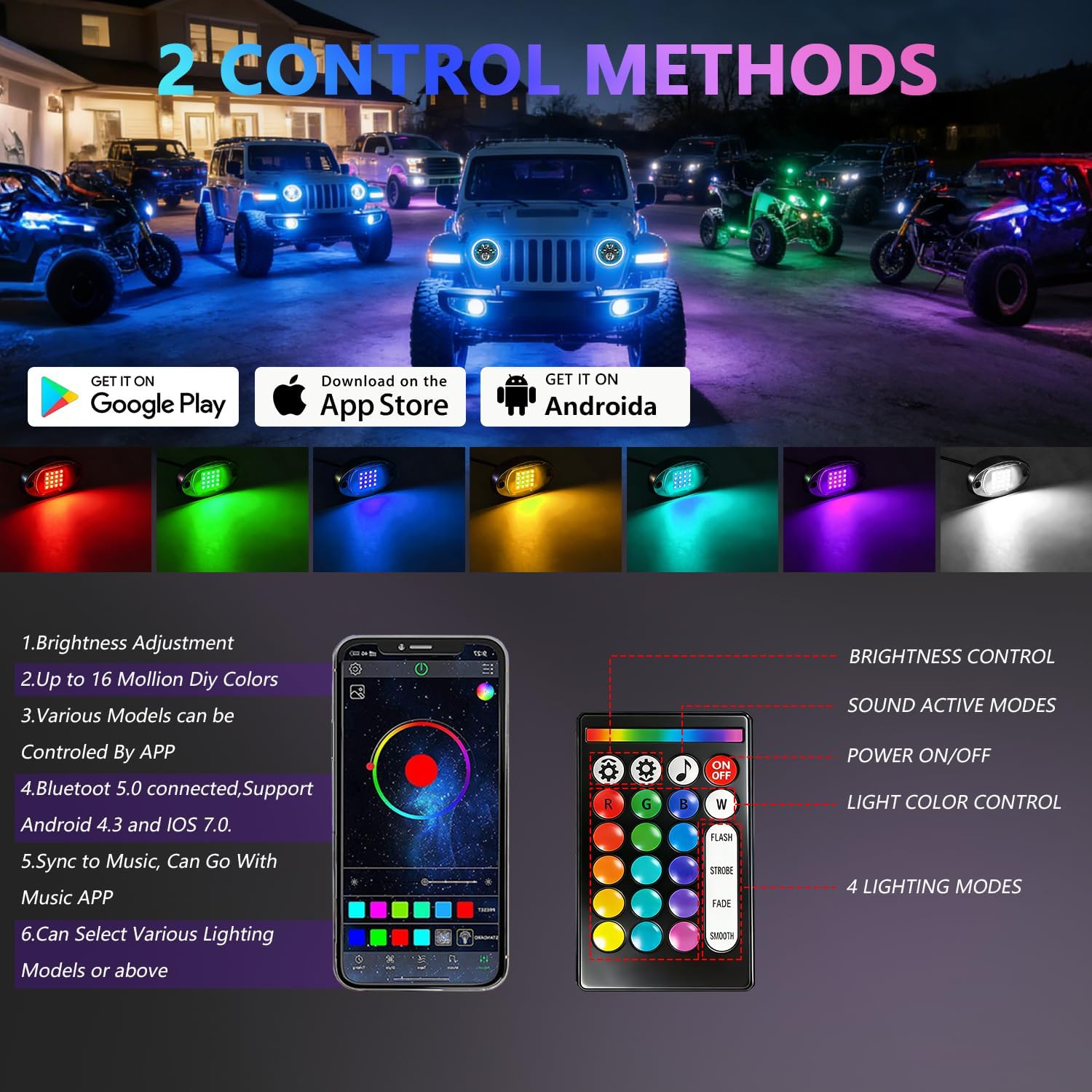 8 Pods RGB LED Rock Lights for Jeeps Trucks Golf Carts & UTVs, Waterproof Underglow Kit with APP Control, Music Mode, 12V Underbody Neon Lights for Cars, ATV, RZR, SUV, Offroad Vehicles
