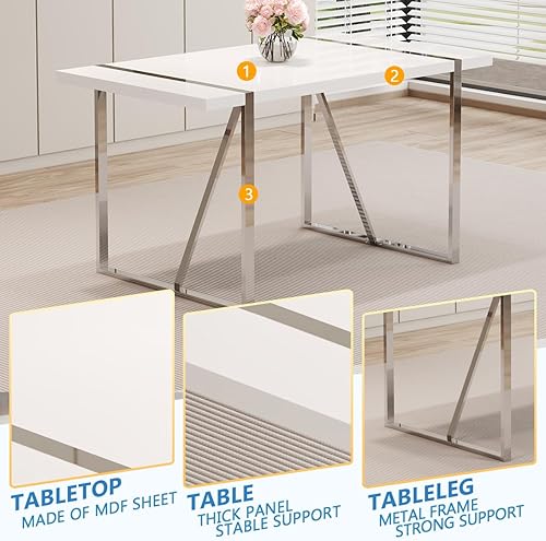 Miniatura 4 de gopop Juego de 6 mesas de comedor para 6, sillas de mesa de cocina, mesa lacada blanca de alto brillo de 55 pulgadas y marco de metal galvanizado,